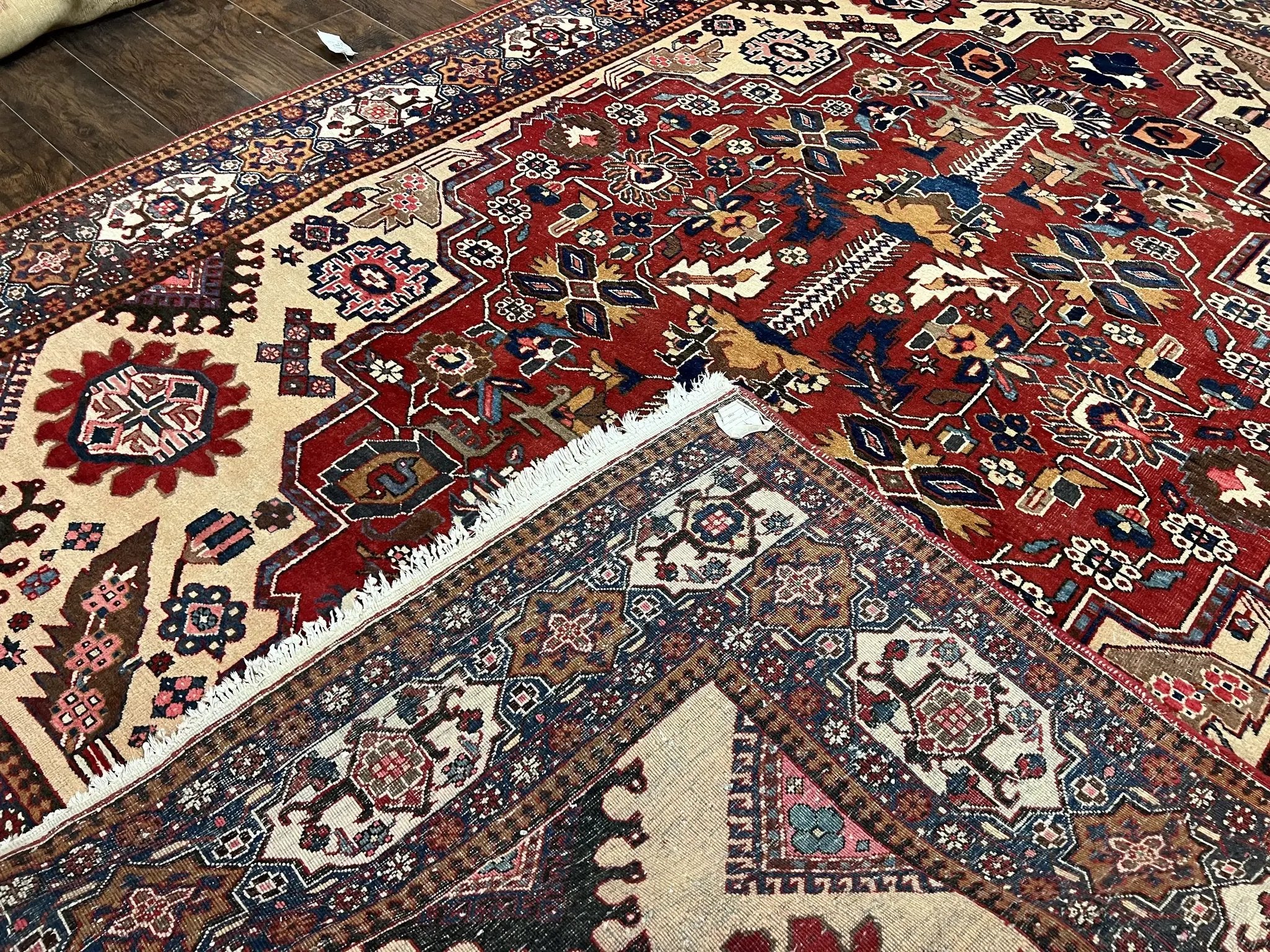 Antique Persian Heriz Rug 8x12 ft, Geometric Tribal Room Sized Carpet, Camel Hair Red Navy Blue, Wool Hand Knotted Medallion Oriental Carpet by Jewel Rugs