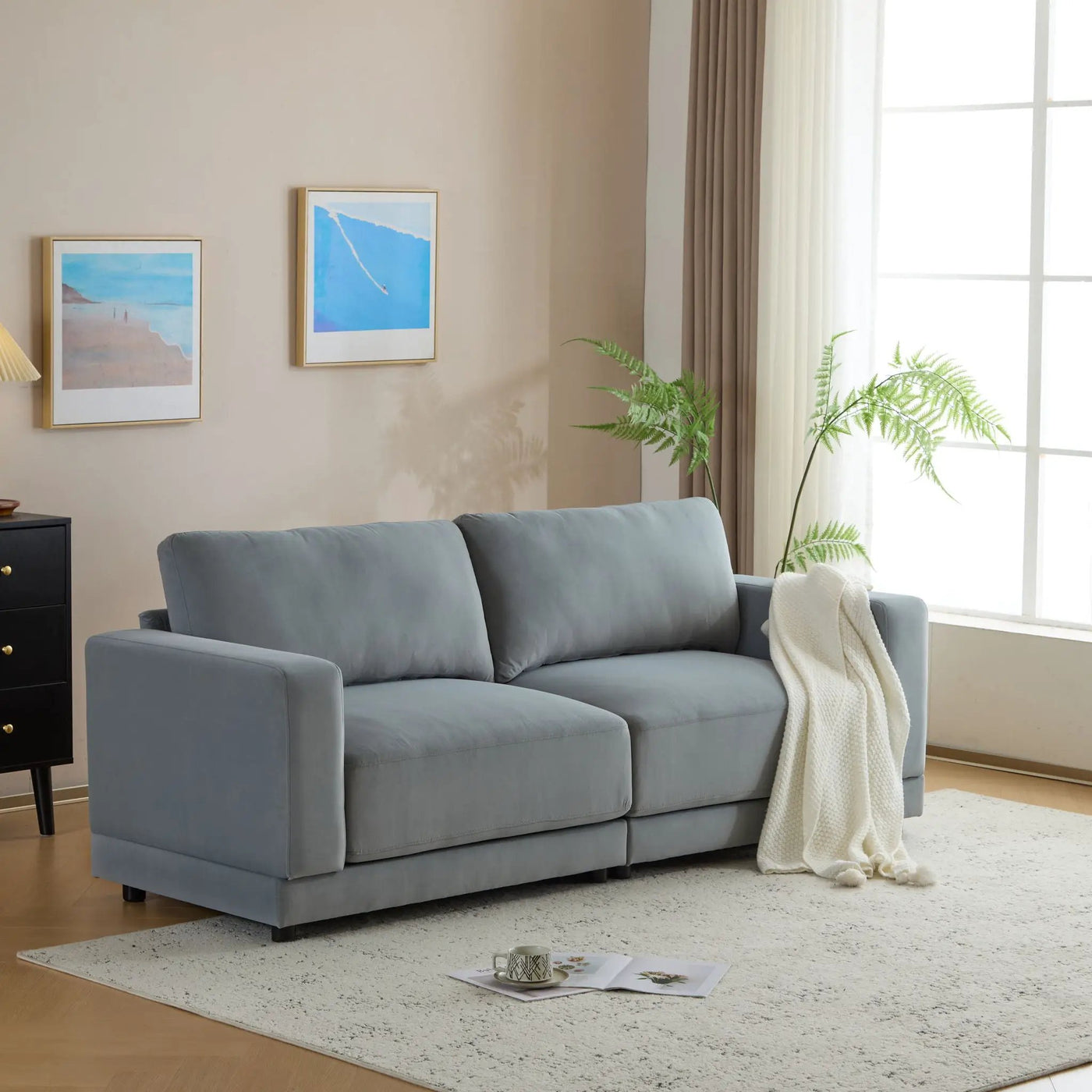 Modern Square Arm Sofa With Soft Fabric Upholstery, Deep Cushions by HouseOfZazla