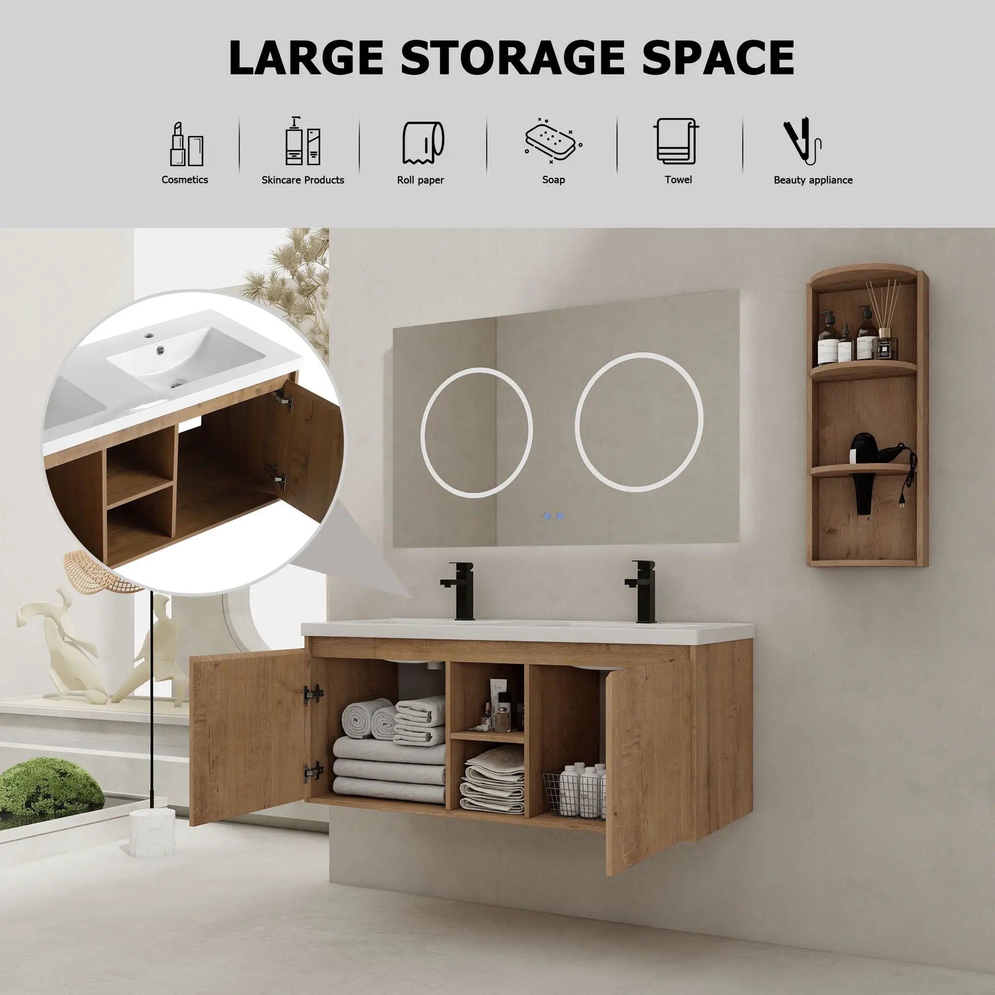 48" Wall Mounted Bathroom Vanity With Double Resin Sink And Storage Rack Soft Close Doors Plywood Construction - Imitative Oak by HouseOfZazla