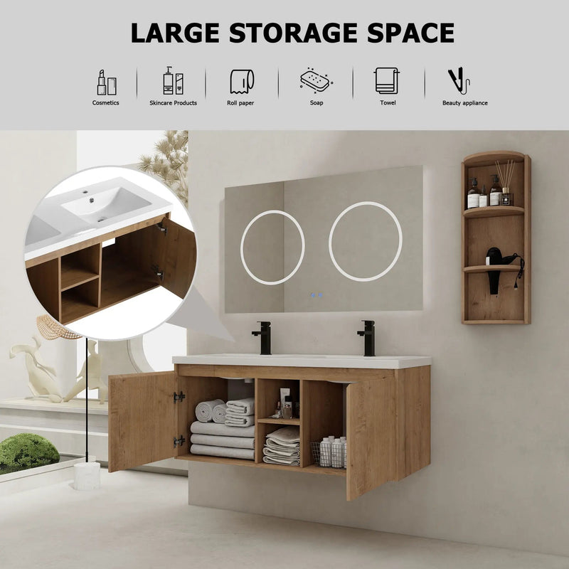 48" Wall Mounted Bathroom Vanity With Double Resin Sink And Storage Rack Soft Close Doors Plywood Construction - Imitative Oak by HouseOfZazla