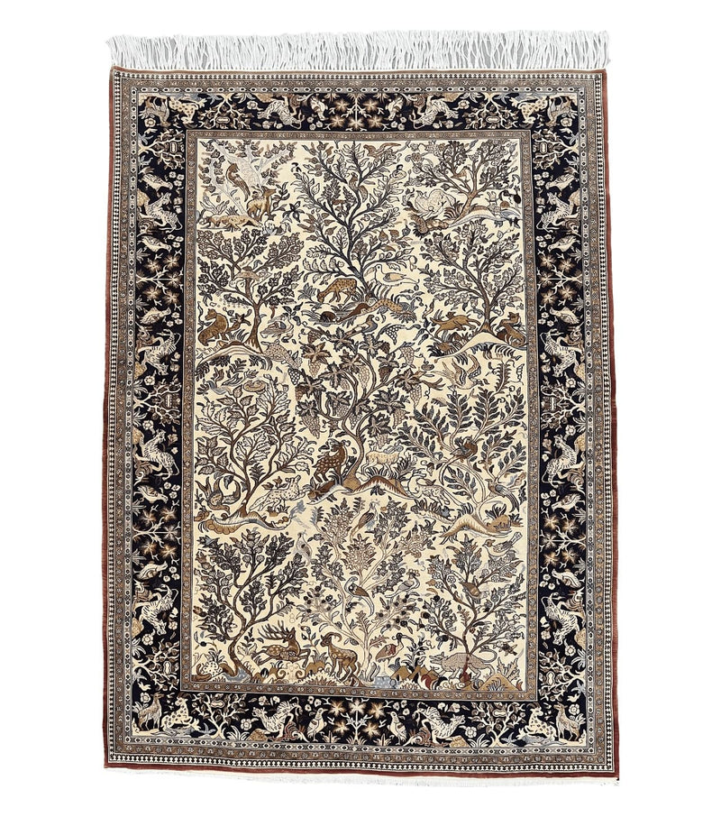 Persian Qum Tree of Life Rug 5x7, Wool and Silk Highlights, Animal Motifs, Vintage Hand Knotted Handmade Cream & Black Fine Oriental Carpet by Jewel Rugs