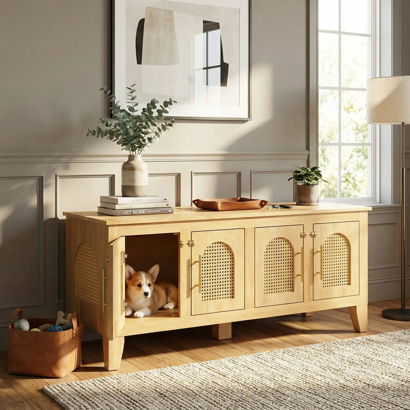 Lars Indoor Rattan Decorated Rubber Wood Dog Crate Cabinet by HouseOfZazla