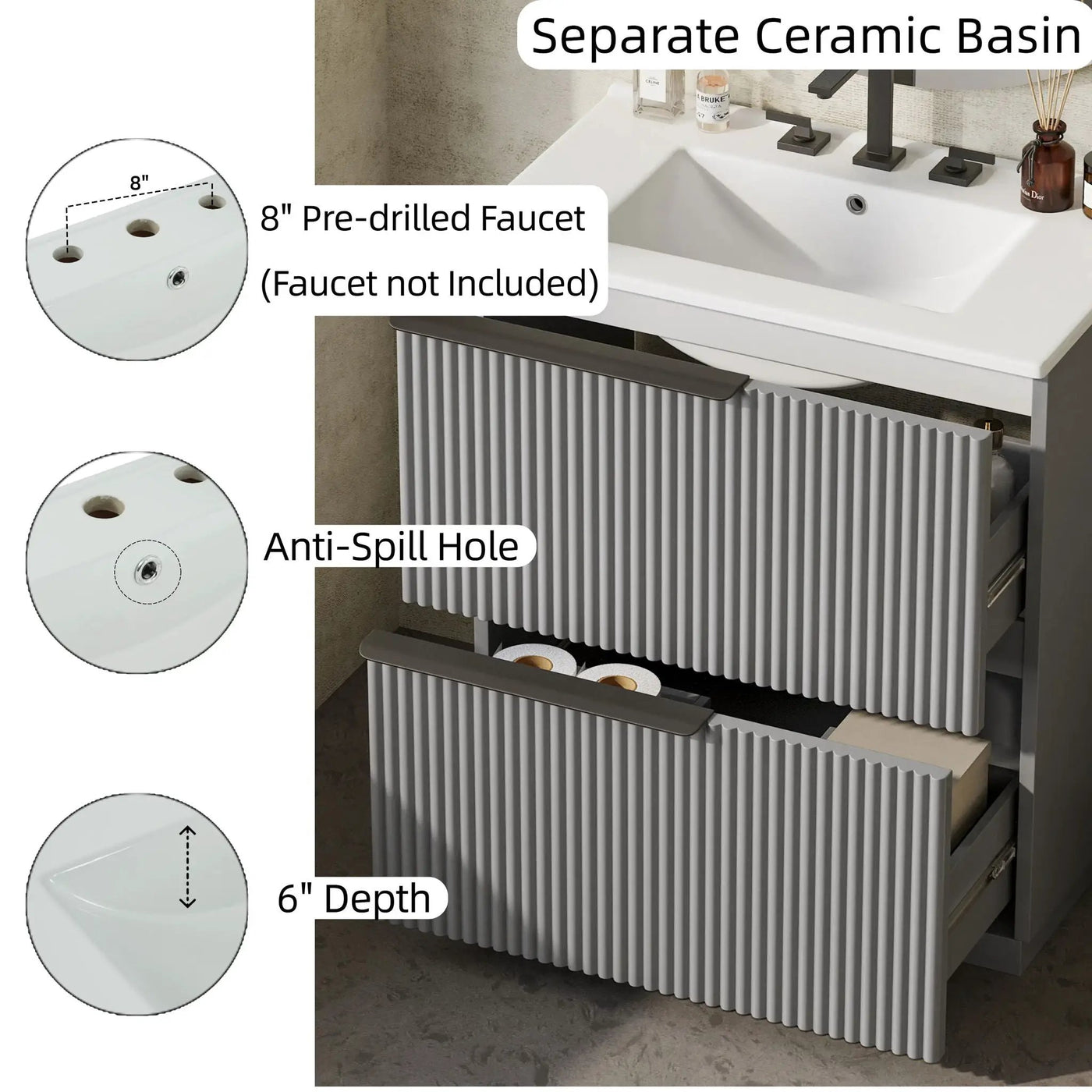 Fluted Bathroom Vanity With Ceramic Sink, Freestanding Cabinet by HouseOfZazla