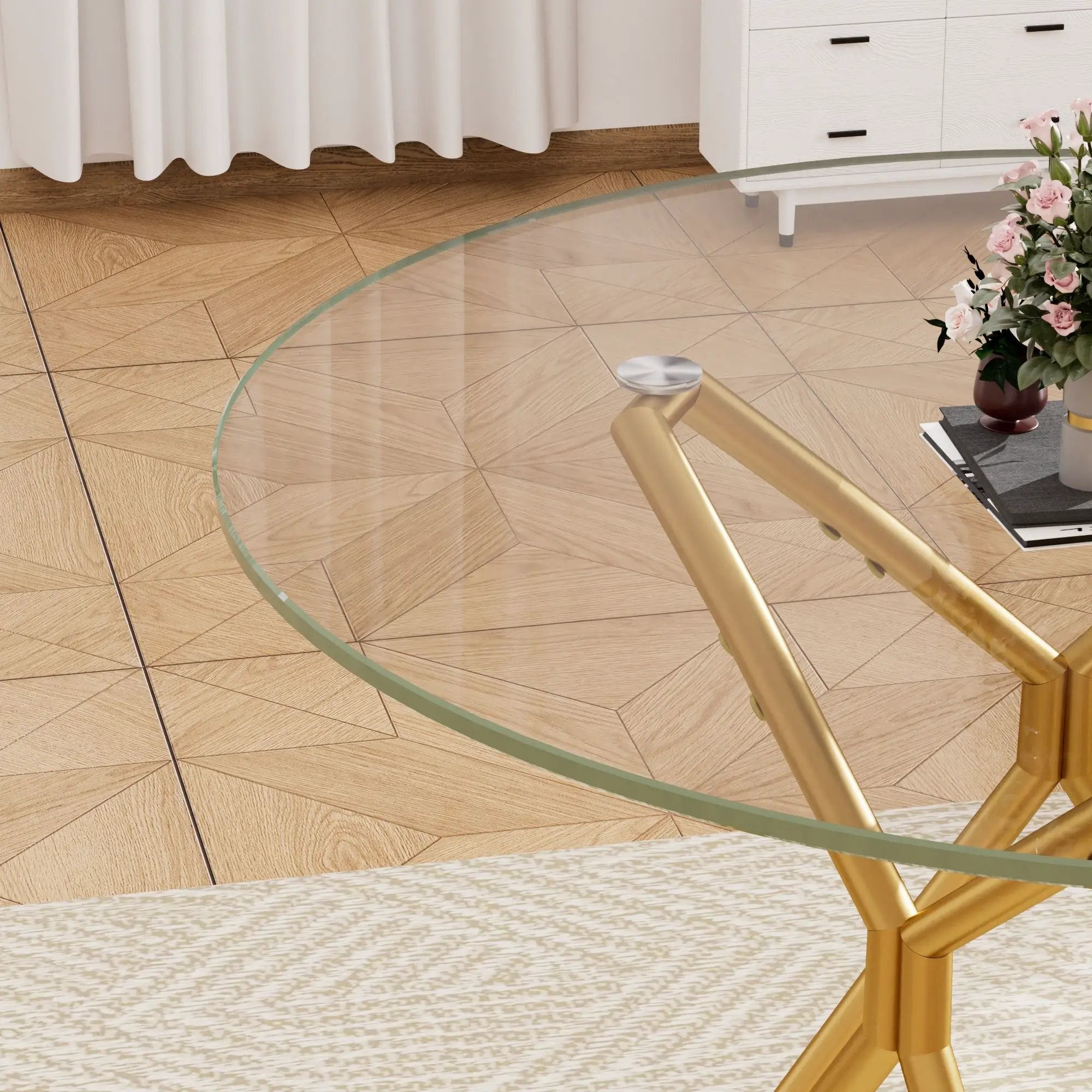 Modern Round Tempered Glass Dining Table With Sturdy Metal Legs For 1 - 4 People - Gold by HouseOfZazla