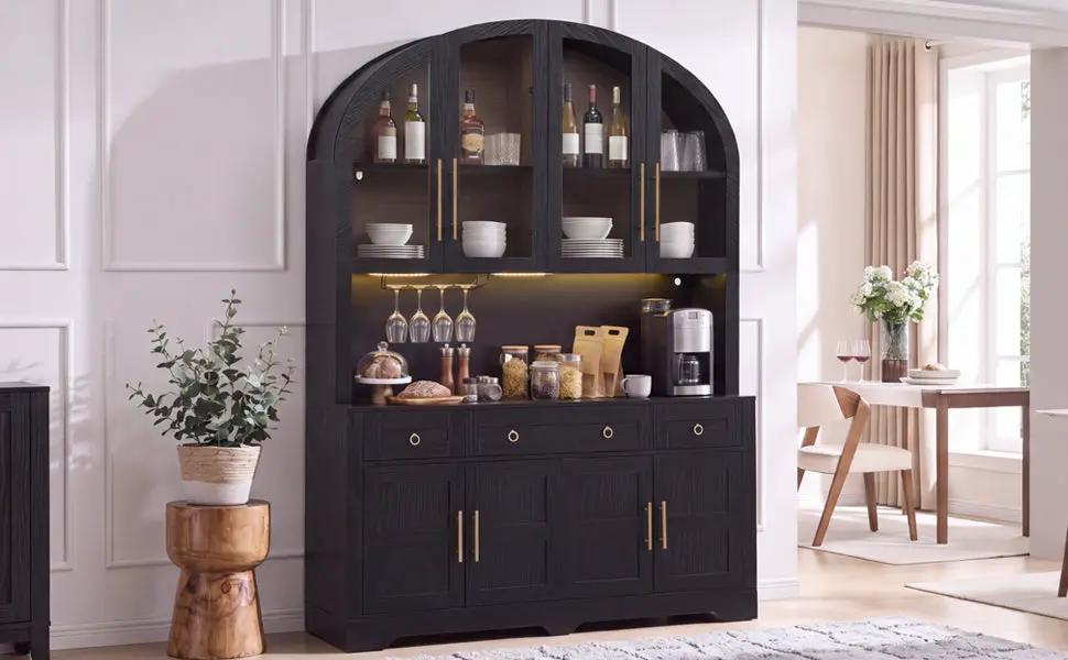 K&K 75.8" Tall Arched Kitchen Pantry Cabinet with LED & Charging Station by HouseOfZazla