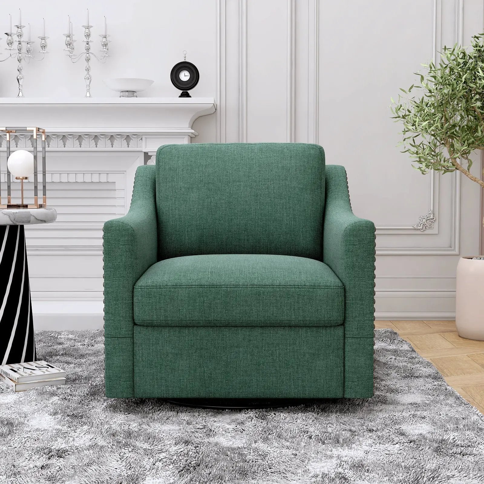 360 Degree Swivel Armchair Cotton Linen Fabric with Brass Nail Detailing by HouseOfZazla