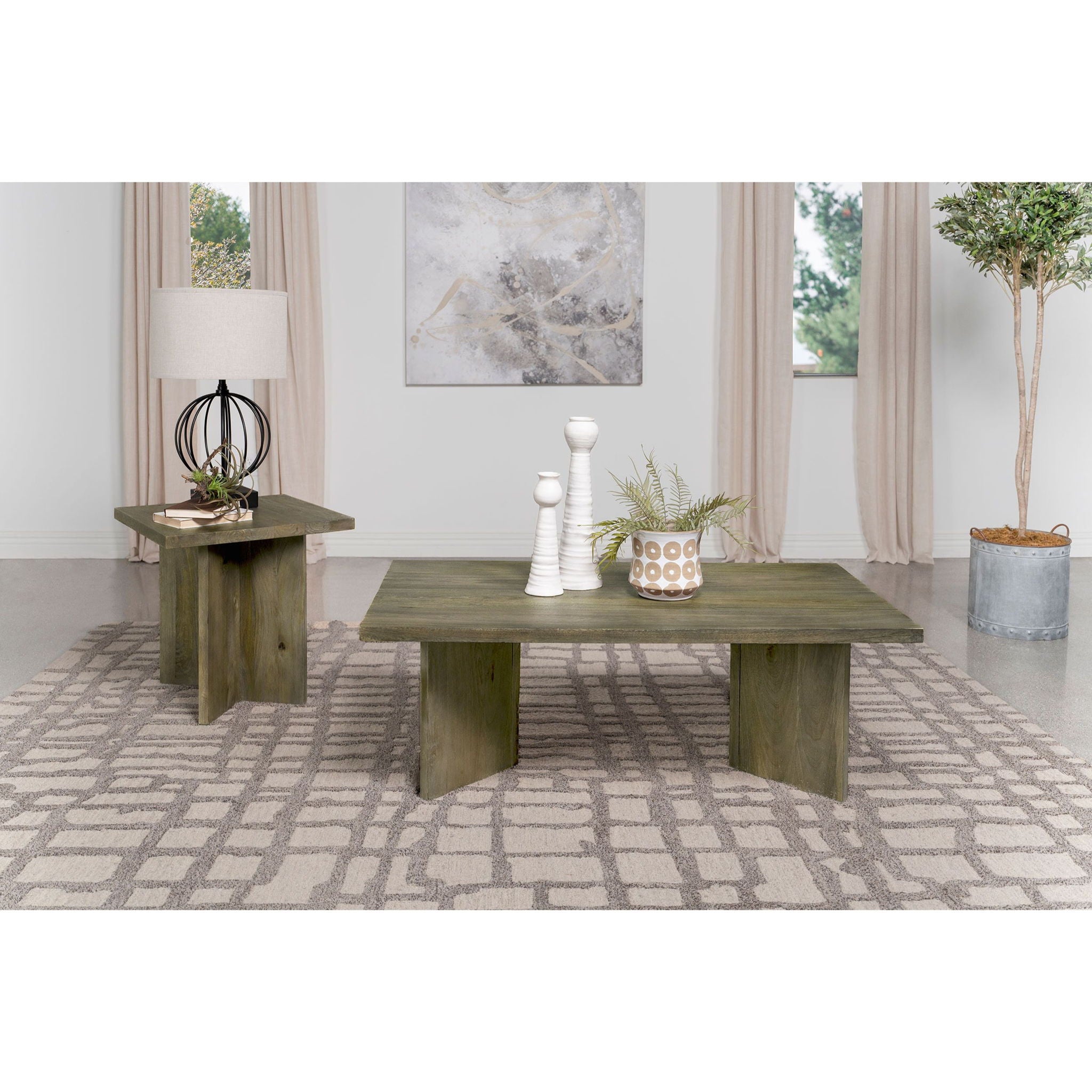 Neskowin - 2 Piece And End Table Set With Geometric Panels - Brown by HouseOfZazla