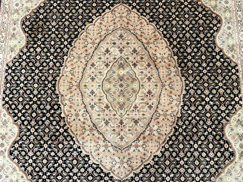 Sino Persian Rug 8x10, Herati Mahi Pattern, Fine 170 KPSI, Black, Wool and Silk Highlights by Jewel Rugs