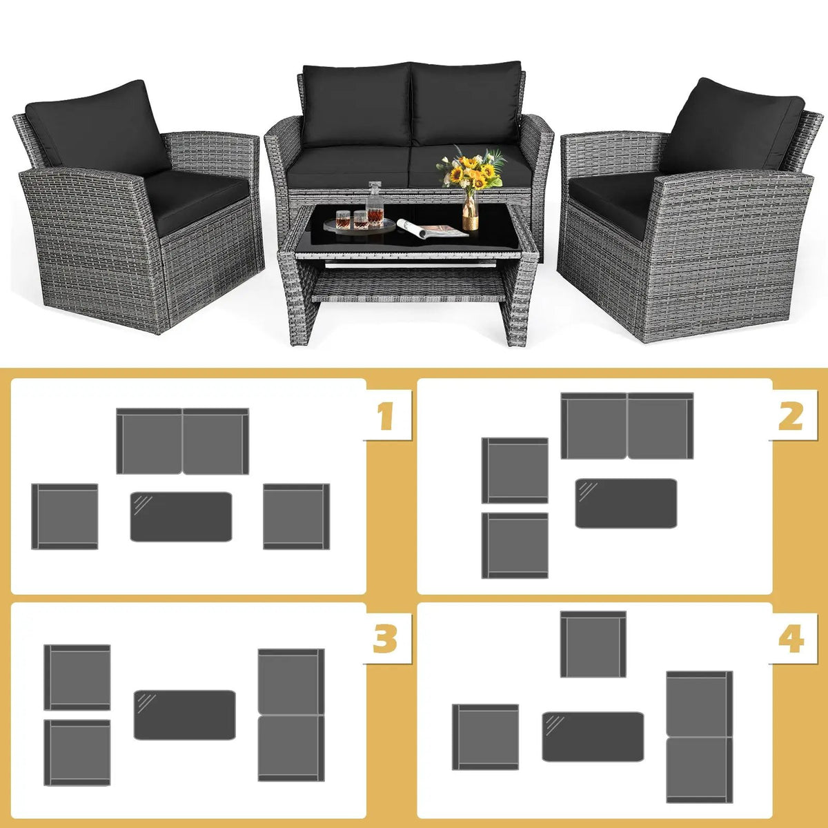 4 Pieces Patio Rattan Furniture Set Sofa Table with Storage Shelf Cushion by DirectDeals