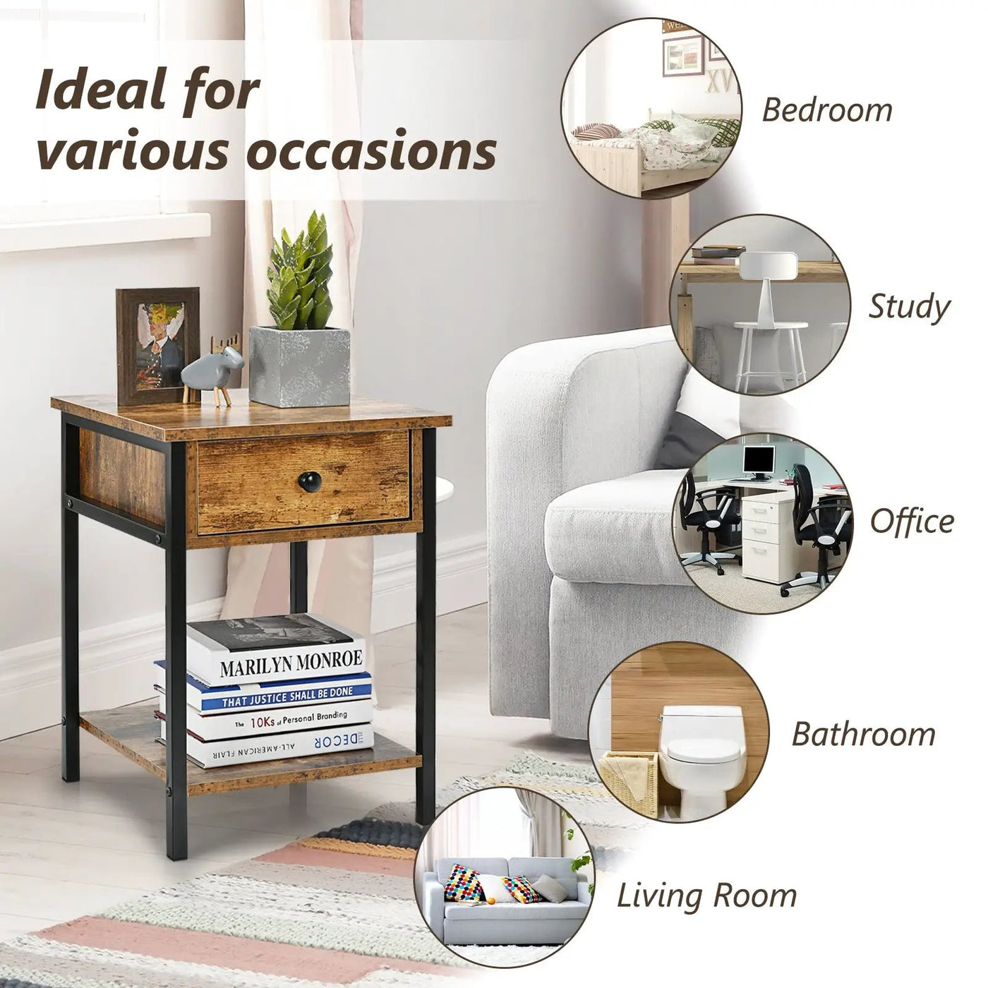 Industrial End Side Table Nightstand with Drawer Shelf by DirectDeals