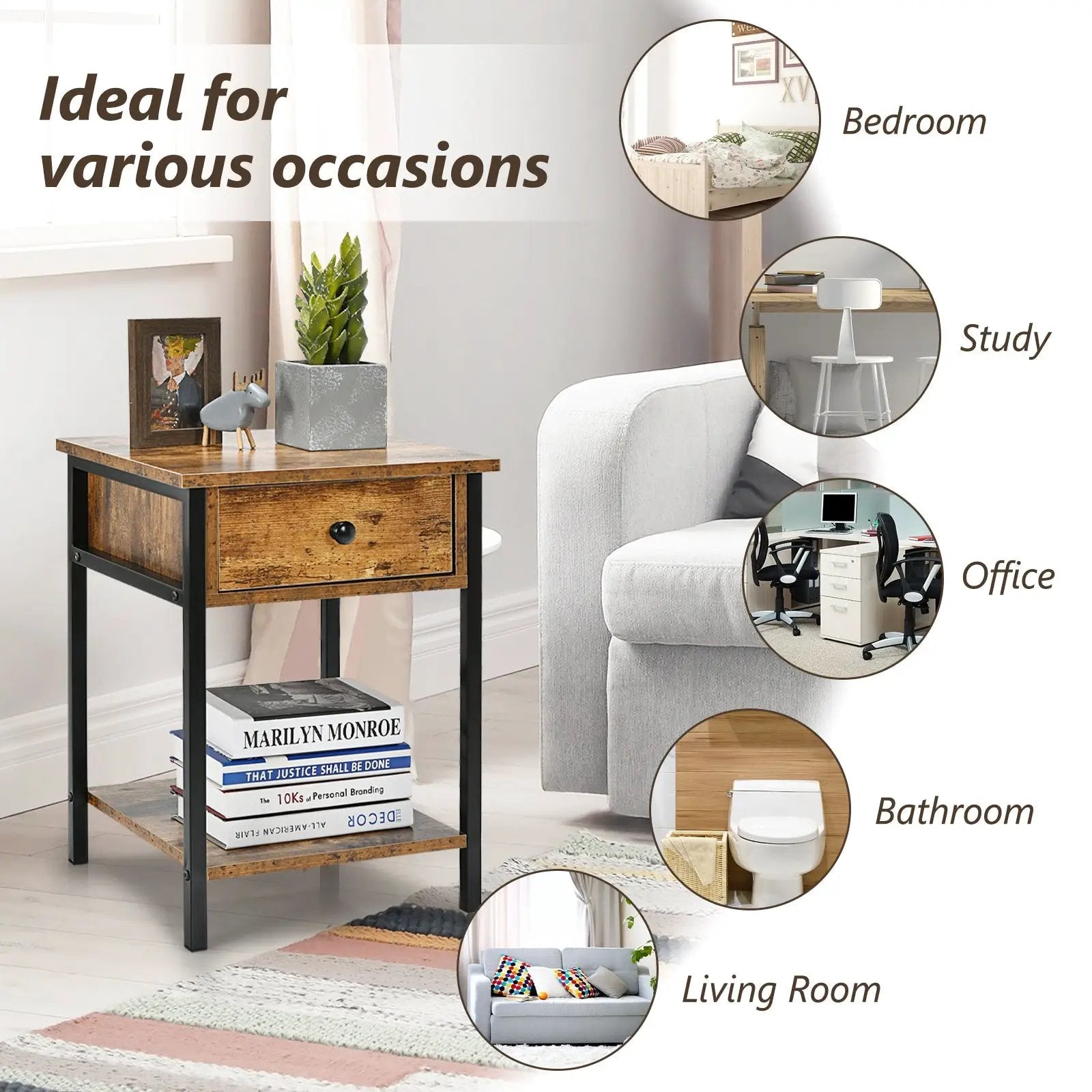 Industrial End Side Table Nightstand with Drawer Shelf by DirectDeals