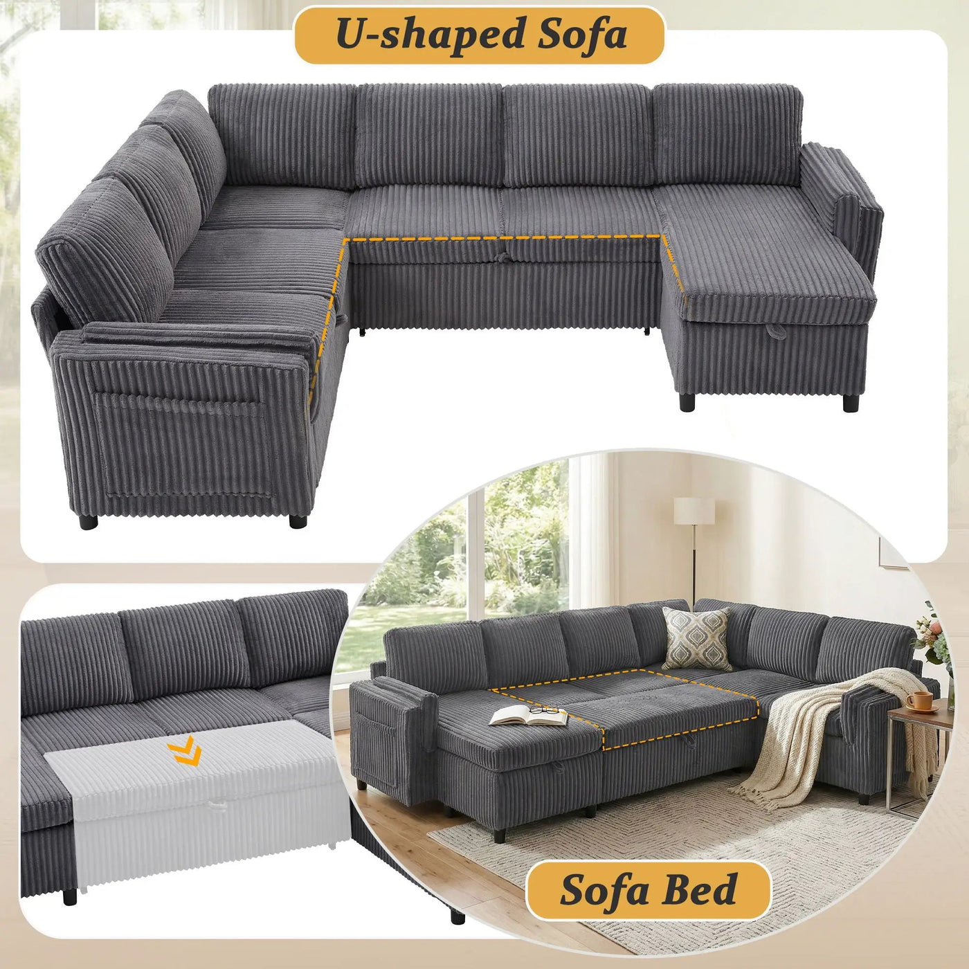 Convertible U-Shaped Sectional Sofa Bed With USB Ports And Storage by HouseOfZazla