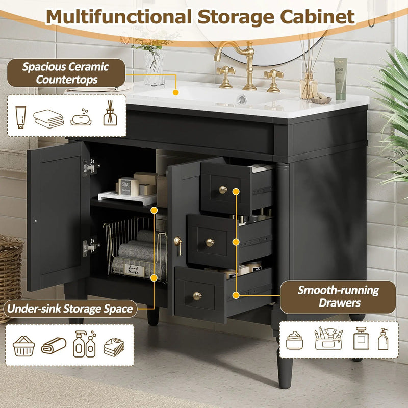 Bathroom Vanity With Ceramic Sink, 2 Doors 3 Drawers, Soft Close Design by Unique Piece Furniture