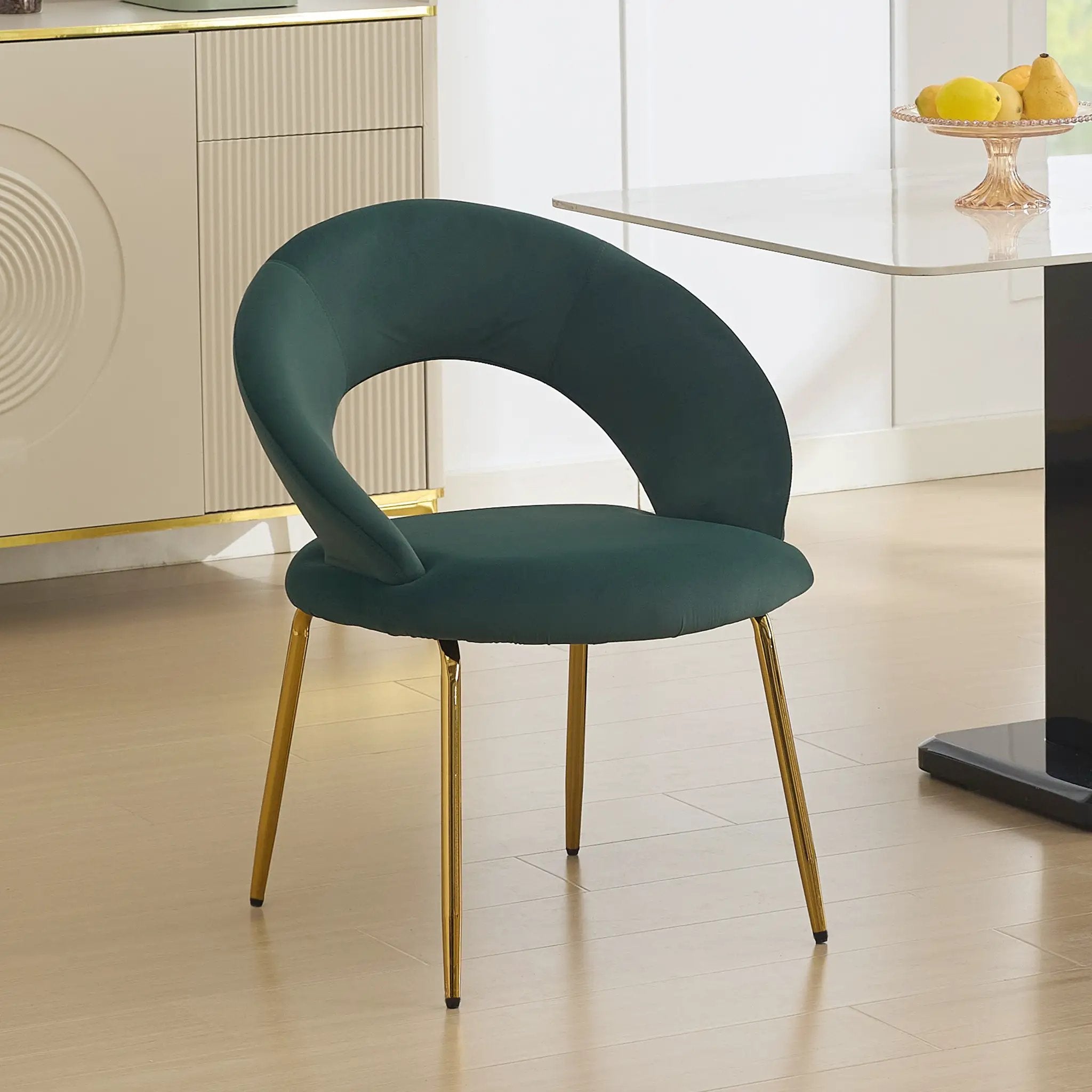 Velvet Fabric Dining Chair with Curved Backrest and Golden Metal Legs by HouseOfZazla