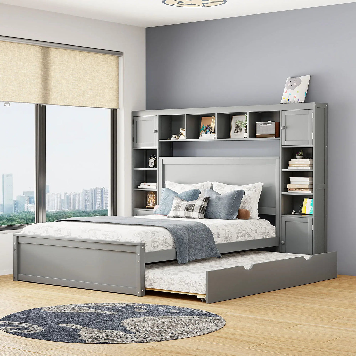 Bed With All In One Cabinet, Shelf And Sockets, Twin Long Trundle by HouseOfZazla