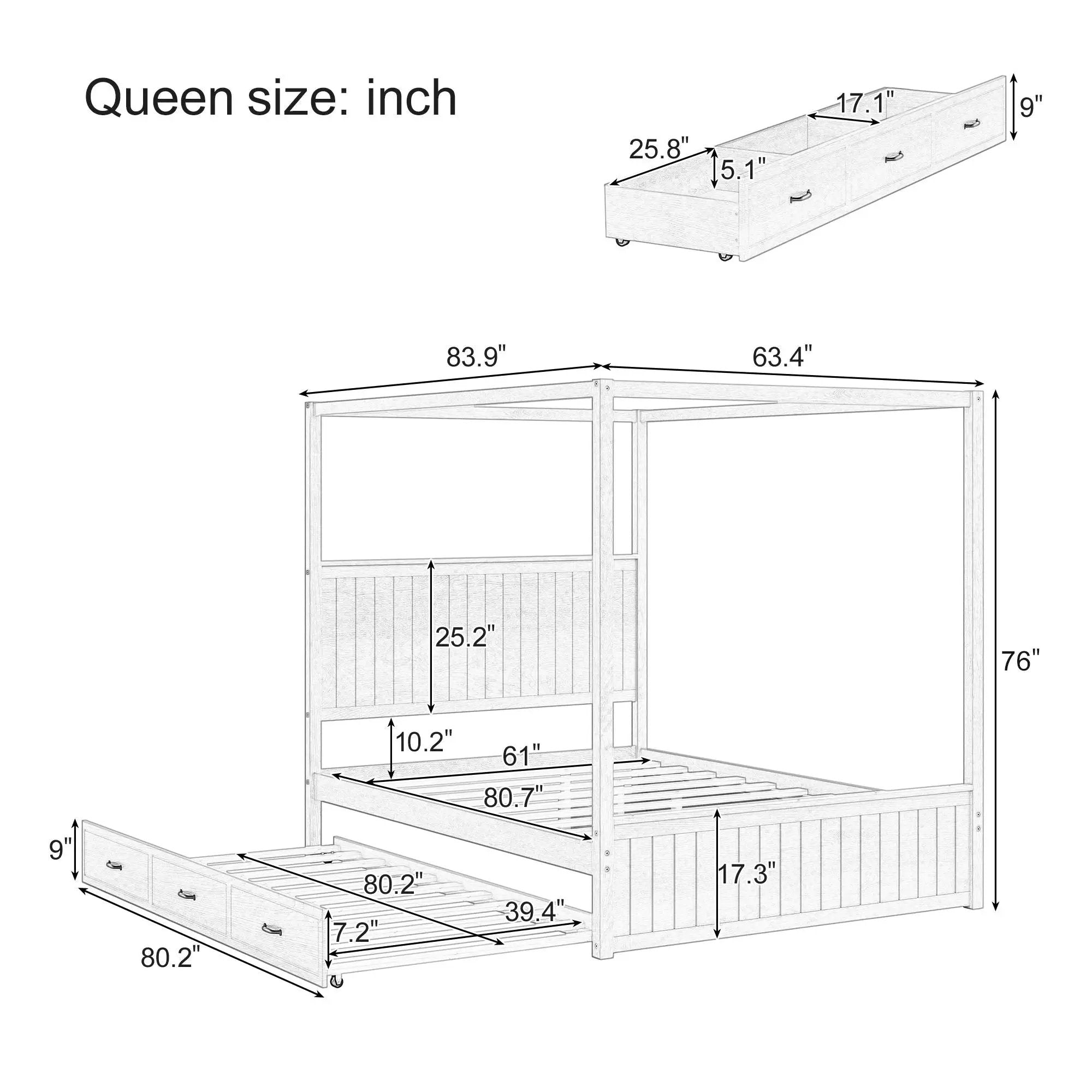 Queen Size Canopy Platform Bed With Trundle And 3 Storage Drawers, 4 Post, No Box Spring Needed - Natural by HouseOfZazla
