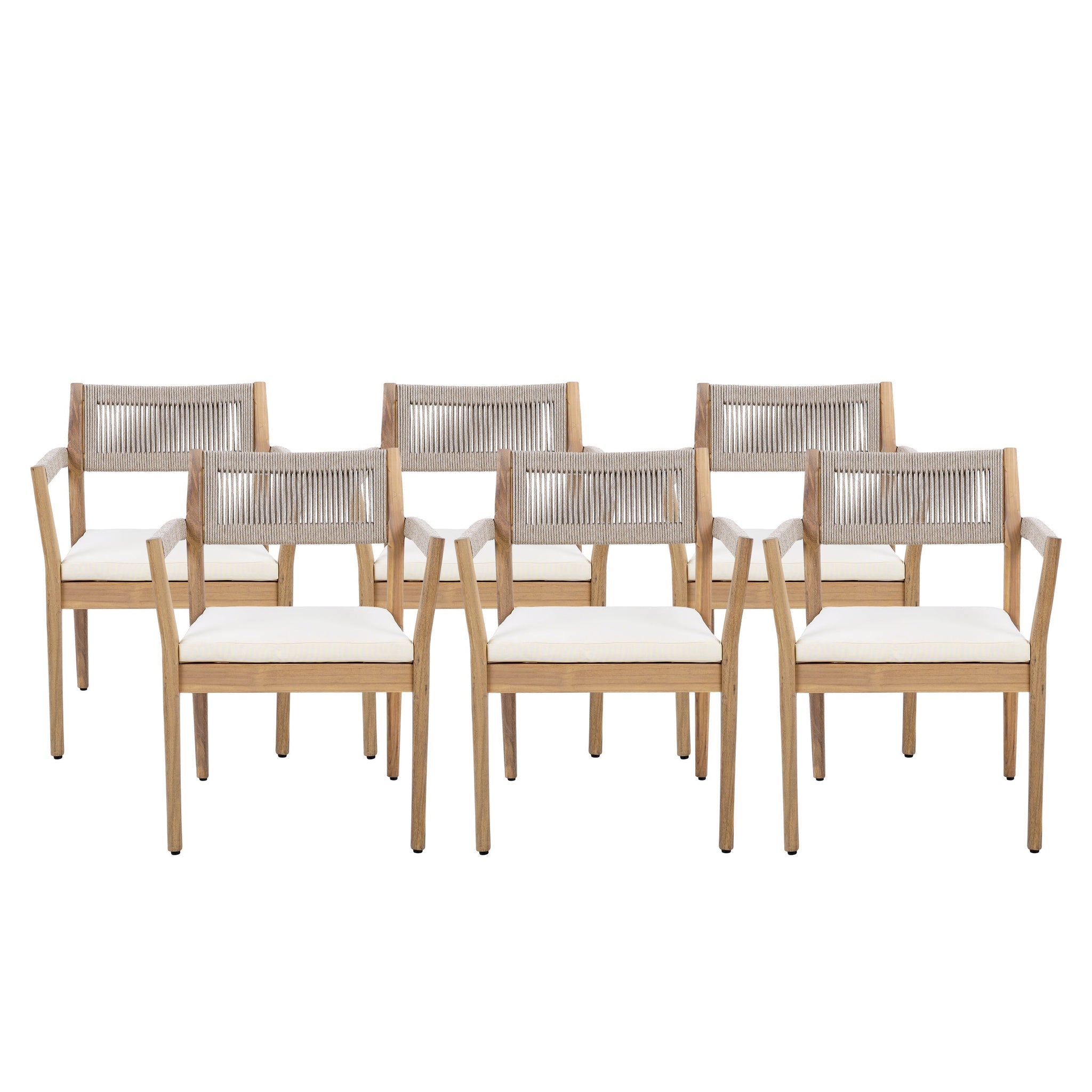 Braided Acacia Wood Outdoor Dining Chairs Set of 4 – Teak Look with Beige Rope & Cream Cushions by HouseOfZazla