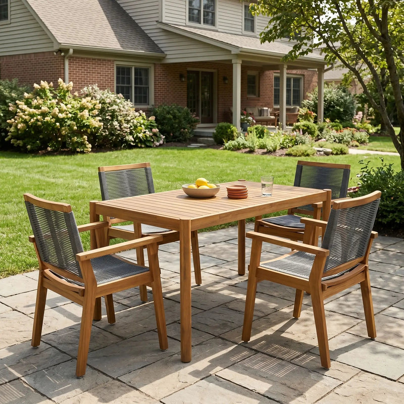5-Piece Outdoor Acacia Wood Dining Set, 54.75" Teak Rectangular Table & 4 Dark Grey Chairs by HouseOfZazla