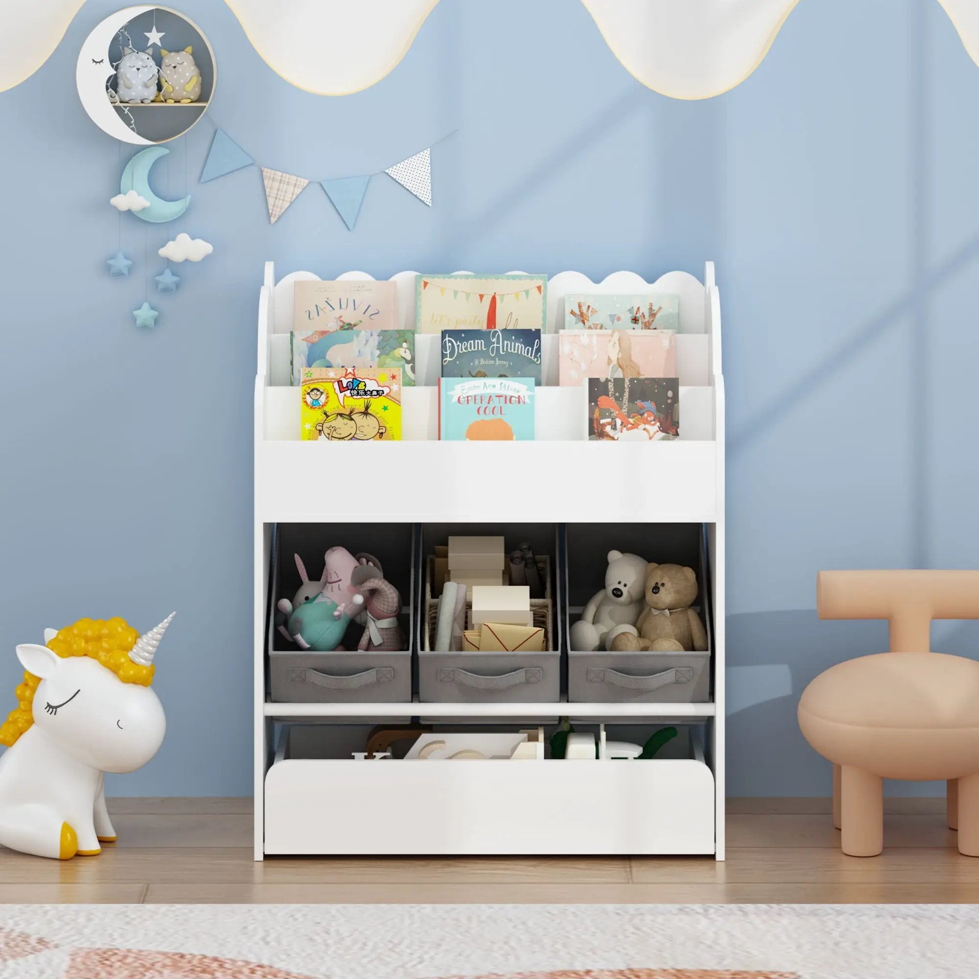 Bookshelf With Storage Bins And Drawer, Multi Functional Book Organizer For Toddlers - White by HouseOfZazla