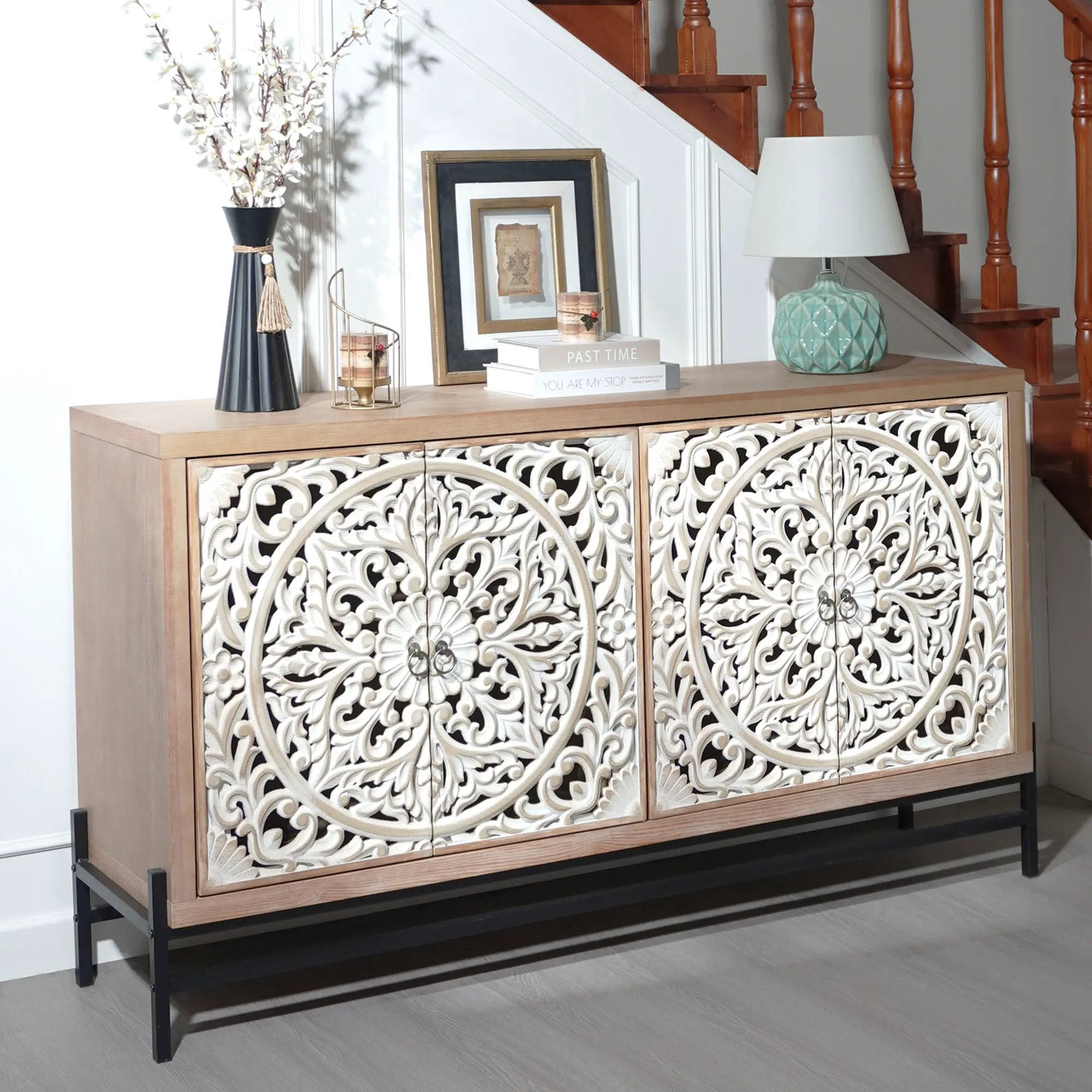 4 Door Wood Cabinet, Vintage Carved Wood with Metal Base by HouseOfZazla