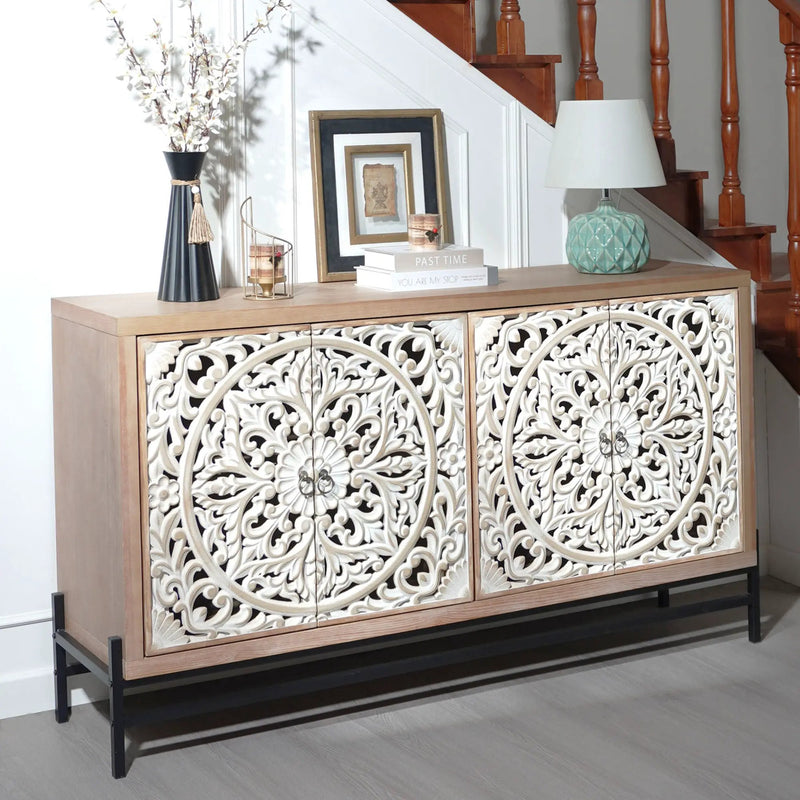 4 Door Wood Cabinet, Vintage Carved Wood with Metal Base by HouseOfZazla