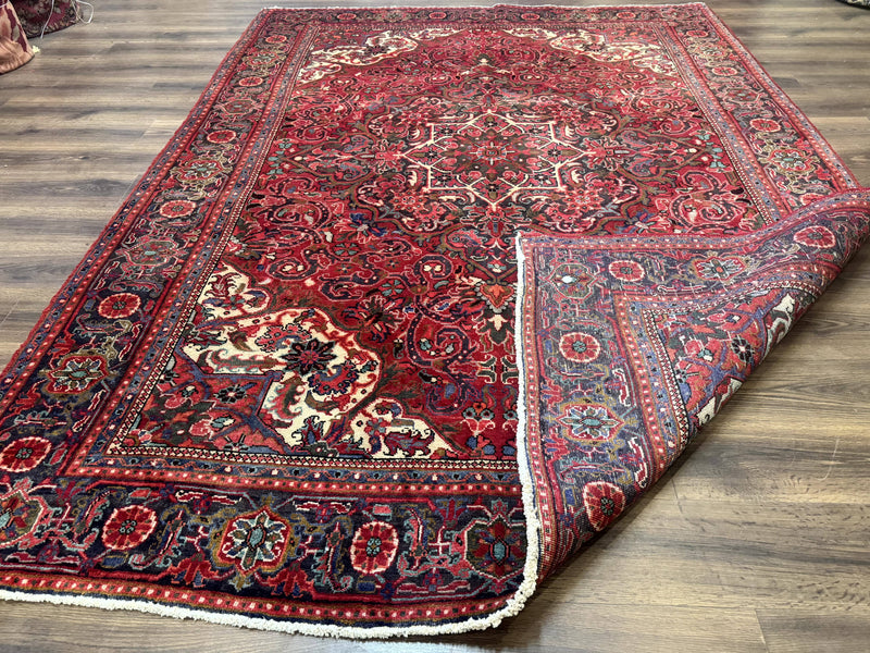 Persian Heriz Rug 7x10, Red and Navy, Geometric Medallion, Vintage Wool Carpet by Jewel Rugs
