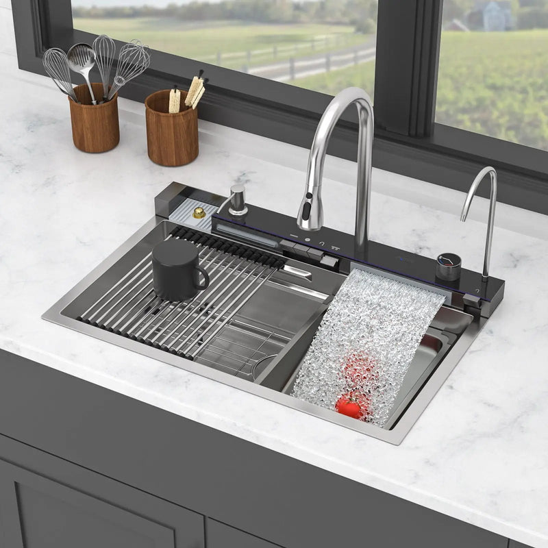 Kitchen Waterfall Sink Single Bowl With LED Faucet, Ledge Workstation, And Multi Function Pull Out Spray - Brushed Nickel by HouseOfZazla