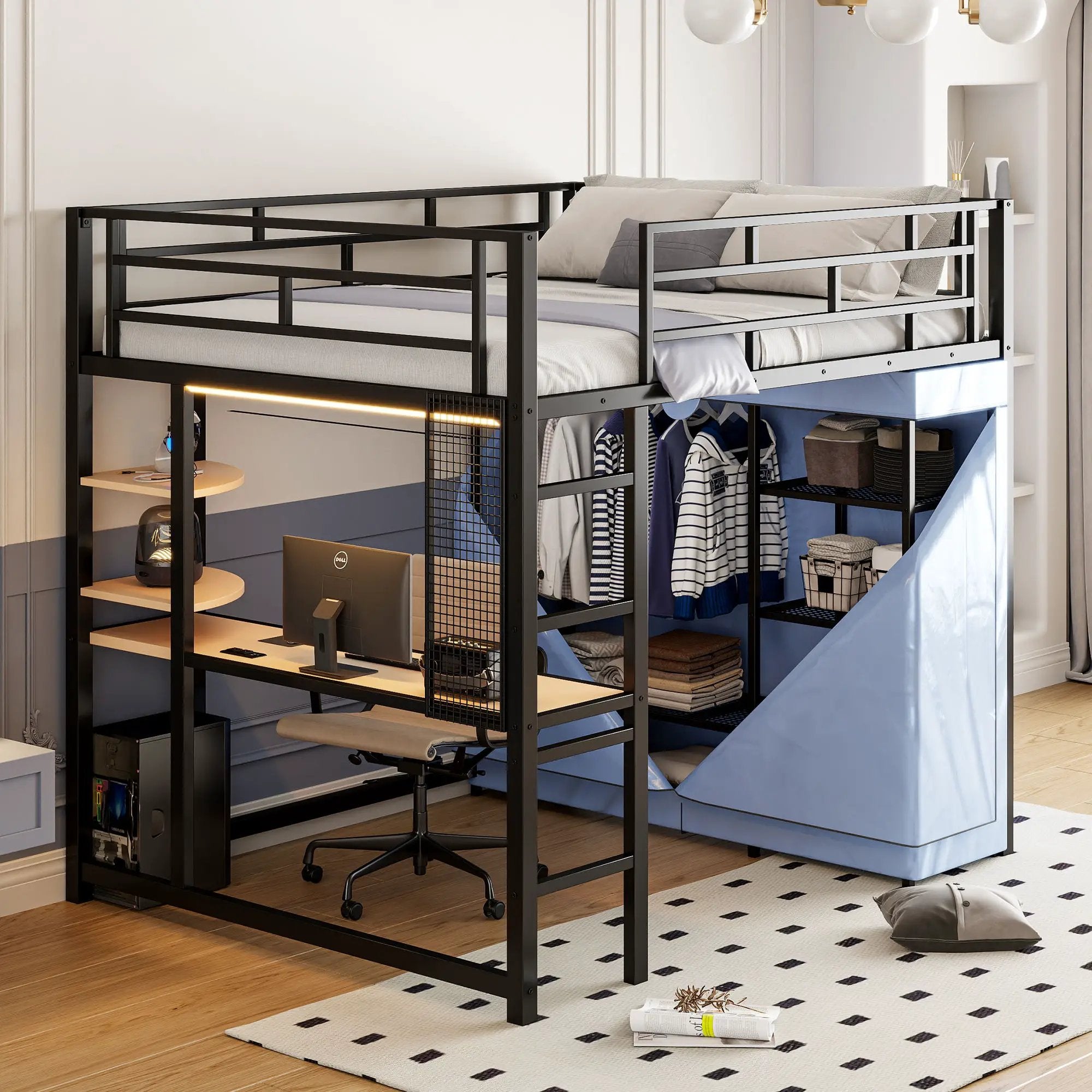 Loft Bed With Desk, Shelves, Power Outlet, LED Light And Wardrobe by HouseOfZazla