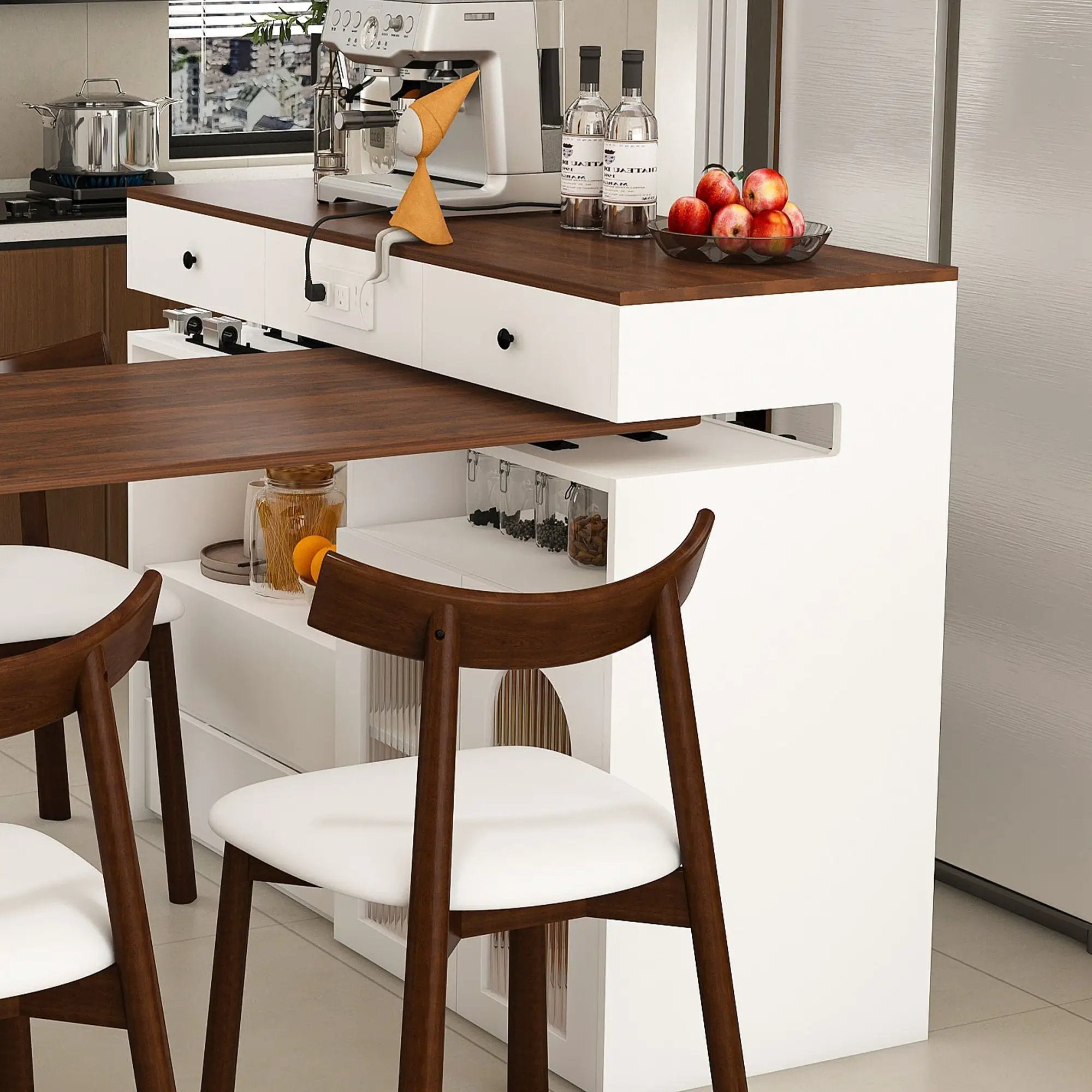 Retro Kitchen Island Set With Chairs, Extendable & Rotating Table, 4 Drawers & Door Cabinets by Unique Piece Furniture