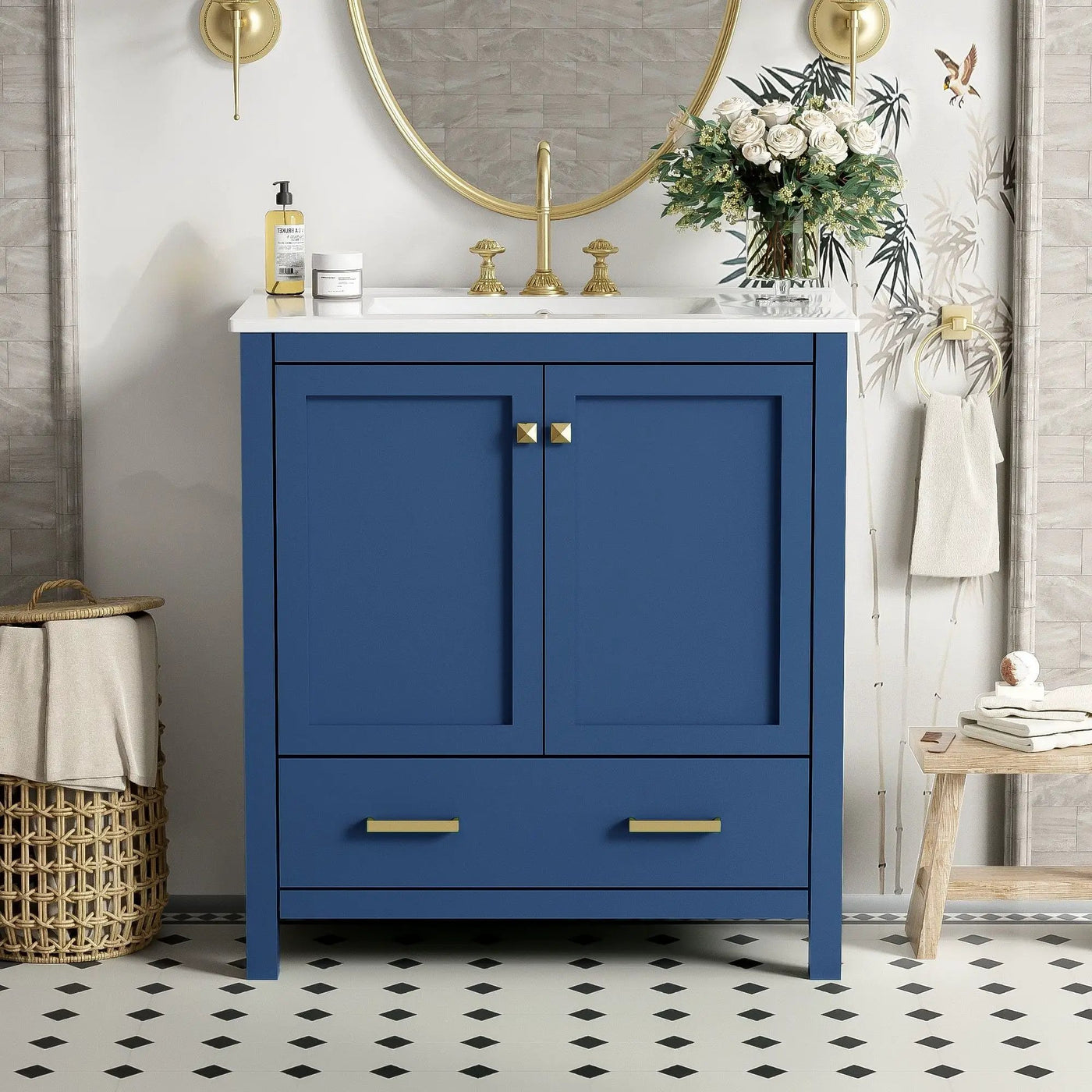Bathroom Vanity With Single Sink, Combo Cabinet Undermount Sink, Bathroom Storage Cabinet With Two Doors And A Drawer, Soft Closing, Multifunctional Storage, Solid Wood Frame by Unique Piece Furniture