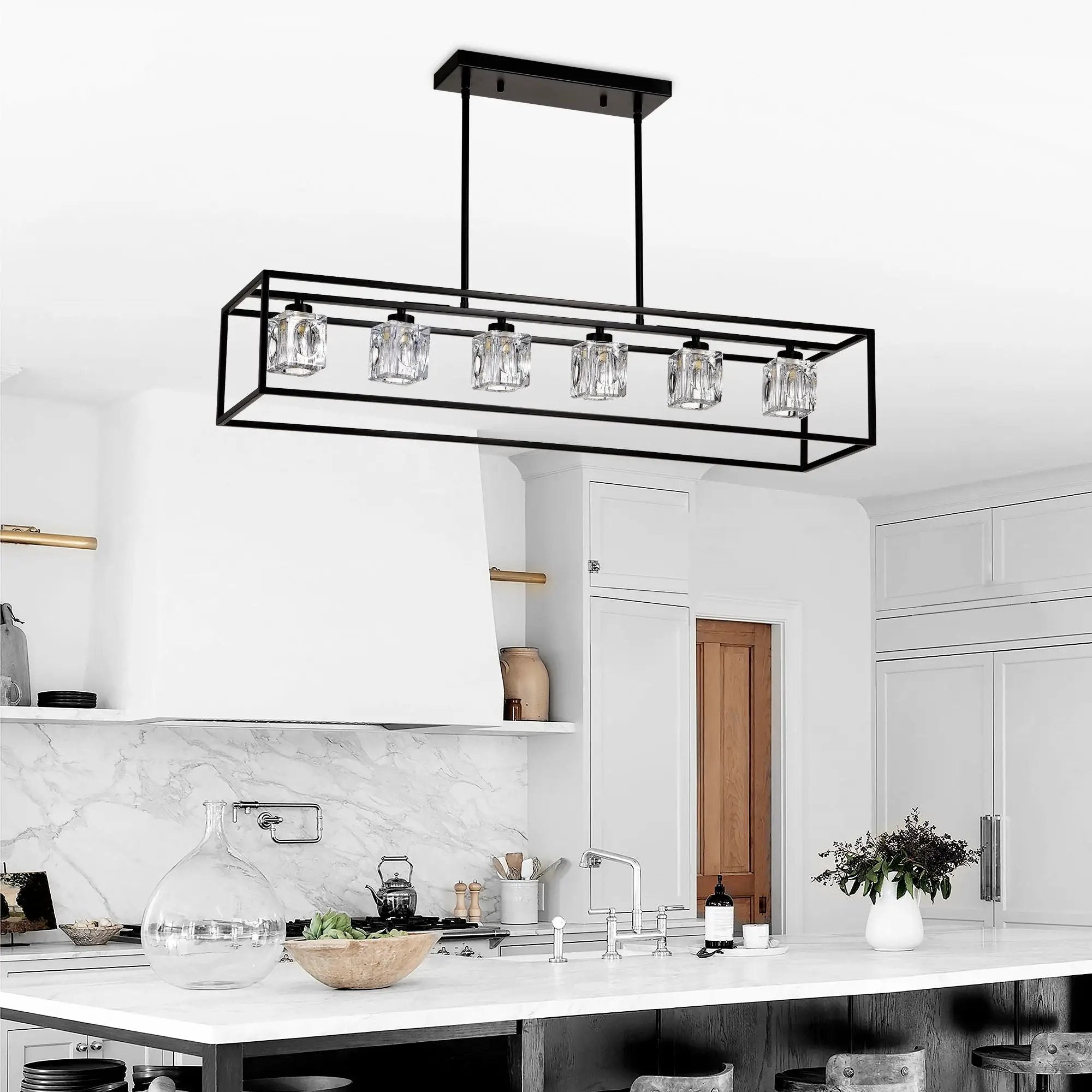 6 Light Farmhouse Chandelier, Modern Industrial Linear Rectangular Crystal Pendant Light Cage Chandelier For Dining Room, Kitchen Island, Bar, Long Table, G9*6 Bulbs Included - Matte Black by Unique Piece Furniture