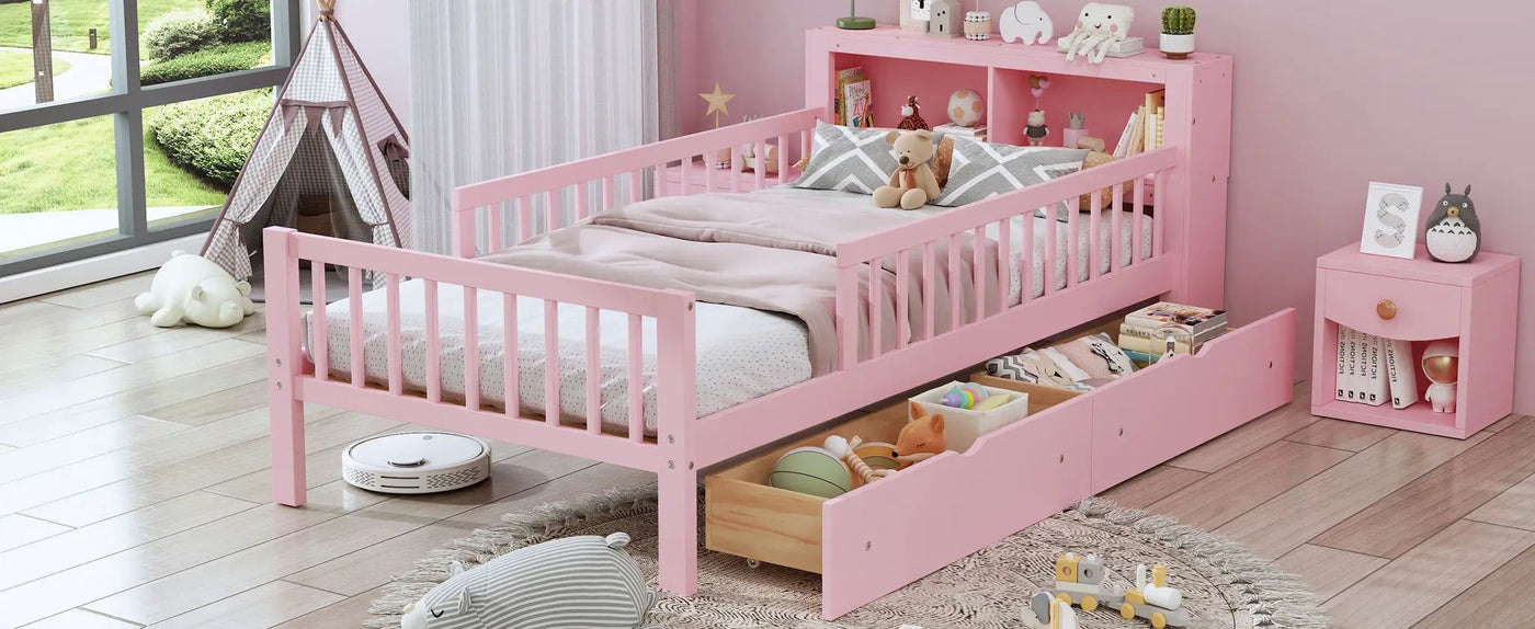Bed With Headboard Storage Rack, 2 Under Bed Drawers, 3 Side Guardrails For Safety by HouseOfZazla