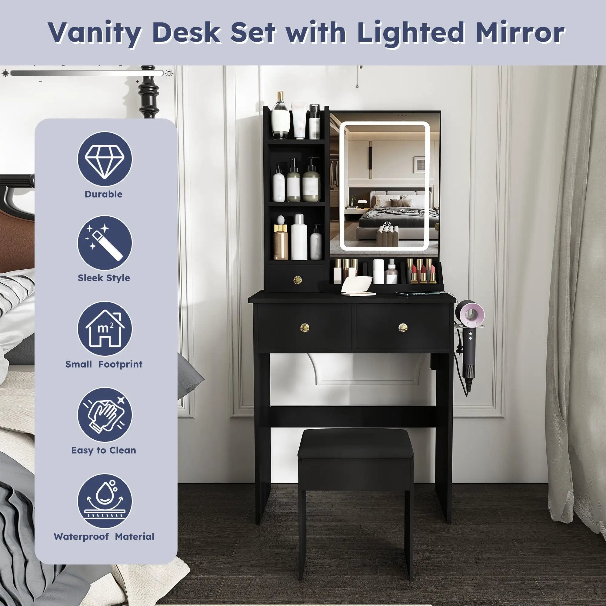 Modern Small Vanity Desk With 3 LED Lighting Modes, 3 Drawers by Unique Piece Furniture
