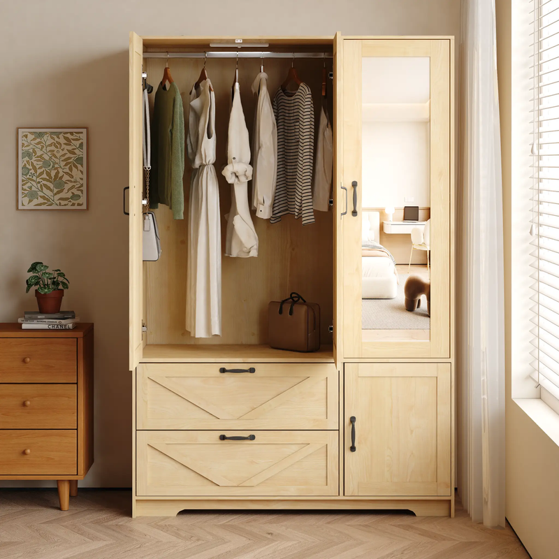 4 Doors Wardrobe Closet with Mirror, LED Lighting & Storage by HouseOfZazla