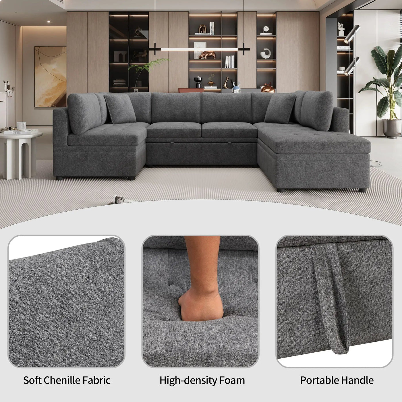 Oversized Sectional Sofa U-Shaped Sofa Couch Pull-Out Sofa Bed With Two Throw Pillows For Living Room by HouseOfZazla