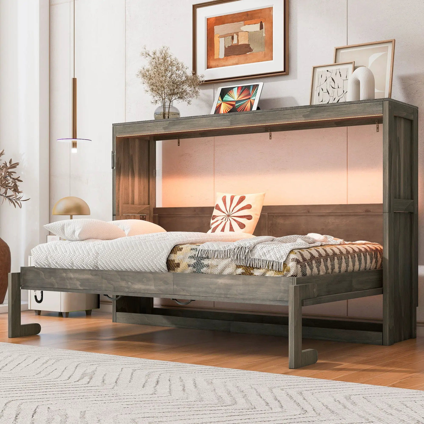 Murphy Bed With LED Light, Foldable Wall Bed Cabinet by Unique Piece Furniture