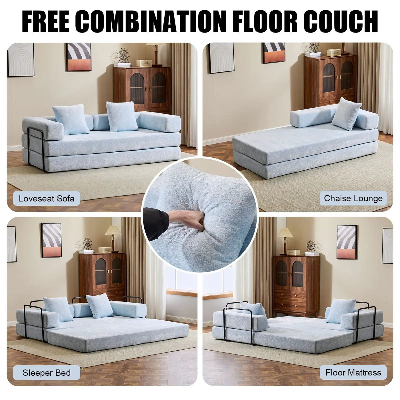 Convertible Floor Sofa Bed With Pillow Back Support Armrest by Unique Piece Furniture