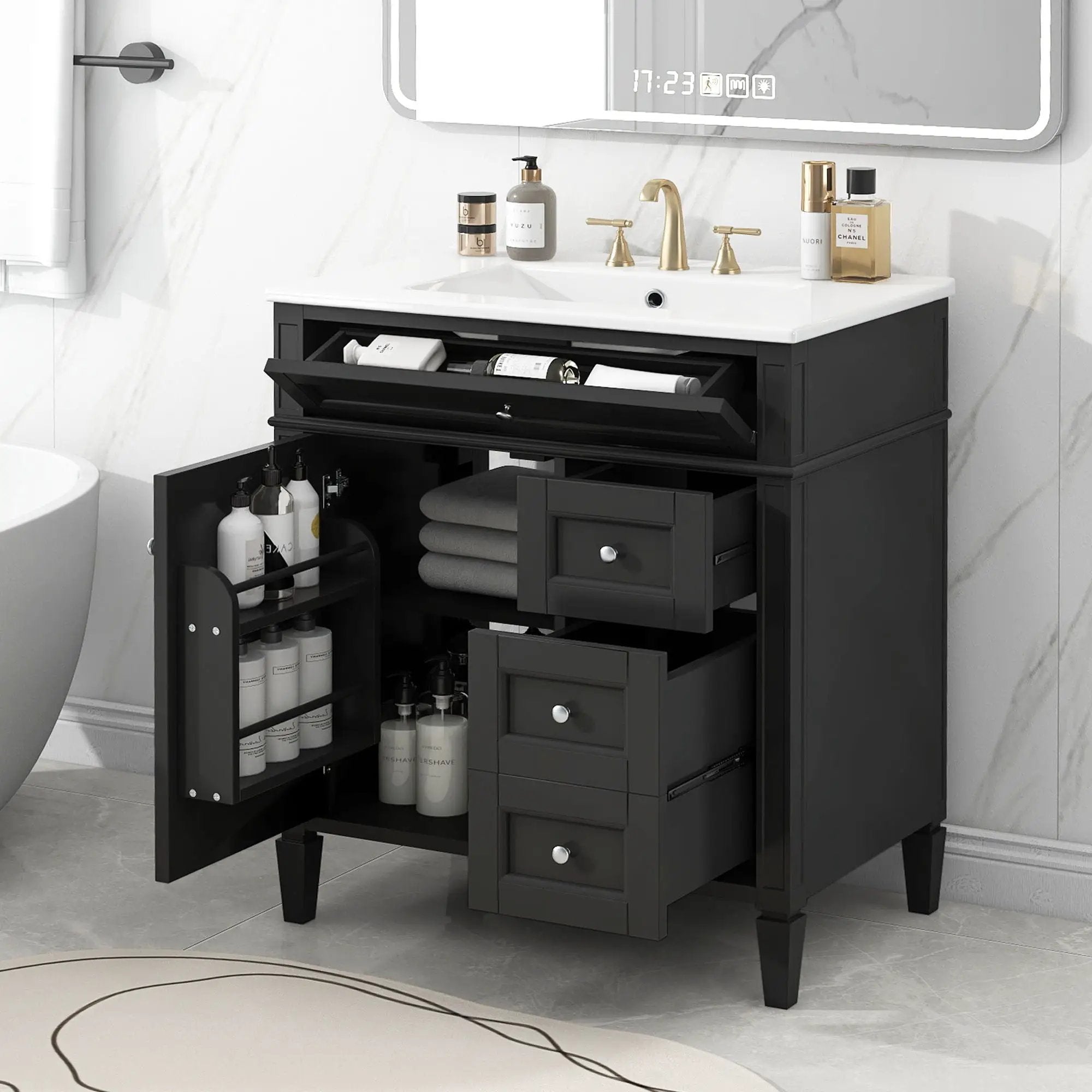 Bathroom Vanity With Top Sink, 2 Drawers & Tip Out Drawer by Unique Piece Furniture