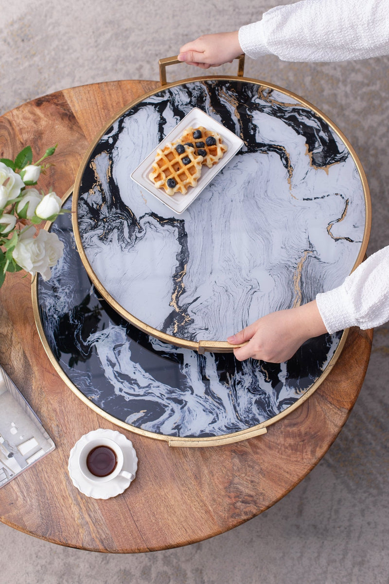 S/2 Round Decorative Tray with Abstract Marbled Design by HouseOfZazla