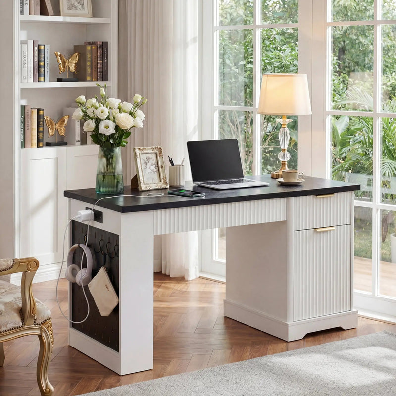 55" Modern Fluted Office Desk with Storage Cabinet & Drawers by HouseOfZazla