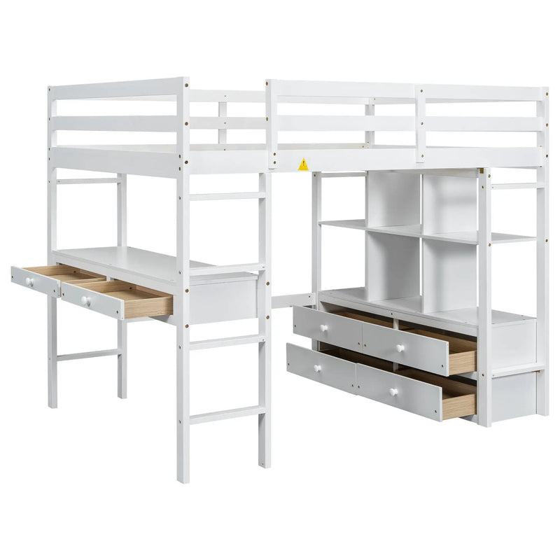 Full Size Loft Bed With Built In Desk, 2 Drawers, Storage Shelves - White by HouseOfZazla