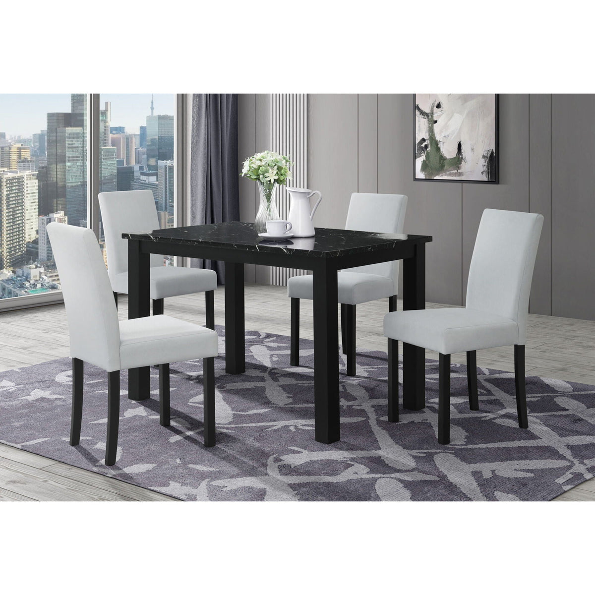 Faux Marble Top 5 Piece Dining Room Set with Cushioned Chairs - Black or Dark Gray, photo 3 of 24