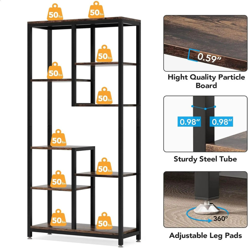 6 Tier, 8 Shelf Etagere Bookcase Storage Display Rack For Living Room - Rustic Brown by HouseOfZazla