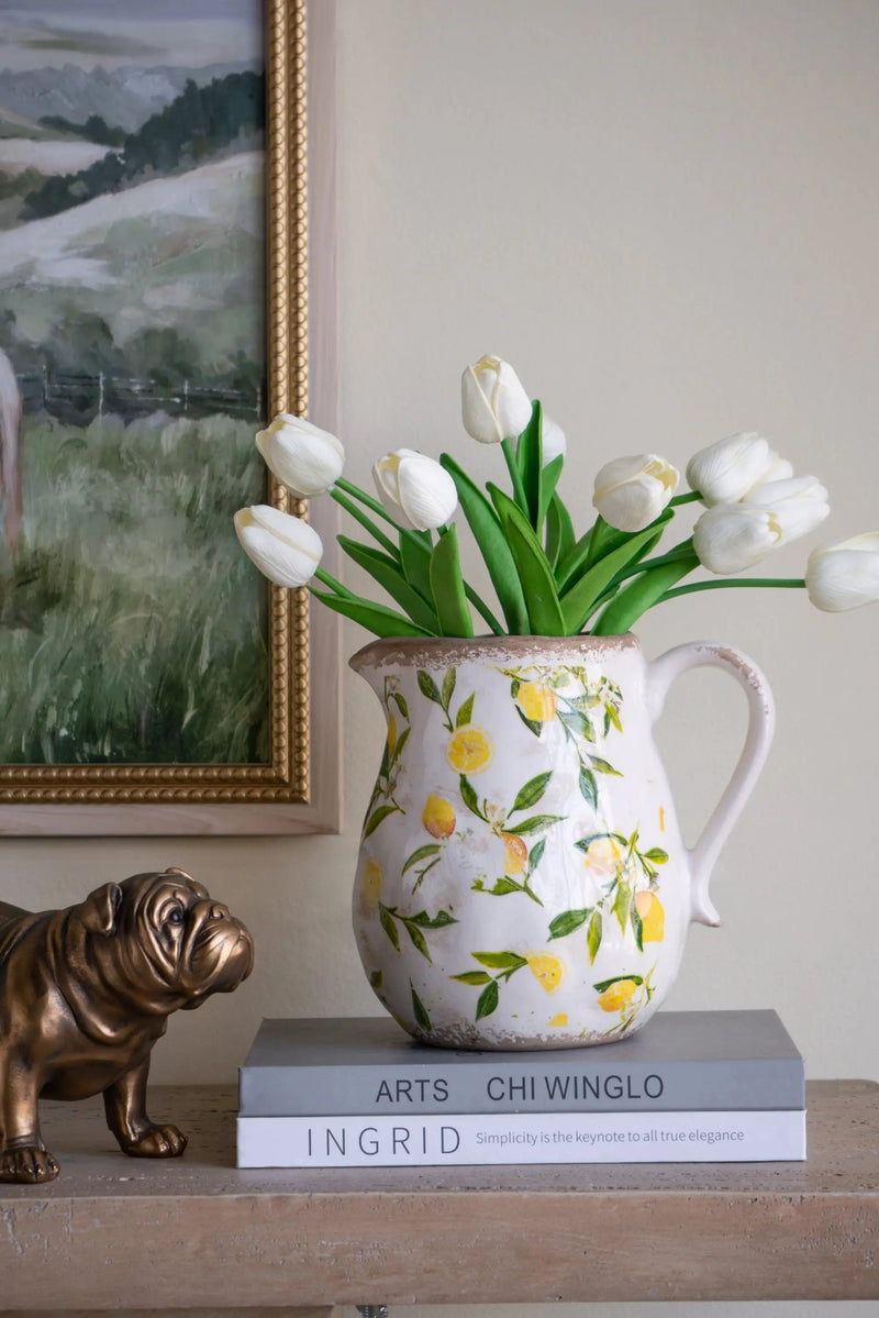7.9x6.5x7.9' White Ceramic Pitcher Vase with Yellow Lemon Motif by HouseOfZazla