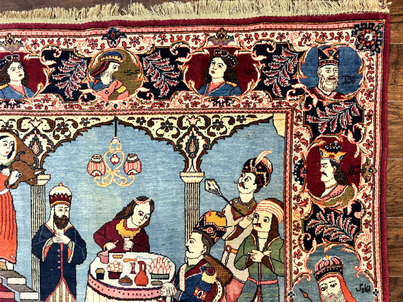 Rare Persian Kashan Pictorial Rug 6x9, King Bahram Hunting Scene, Persian Kings, Hand Knotted Persian Rug for Wall Hanging, Antique, Wool by Jewel Rugs