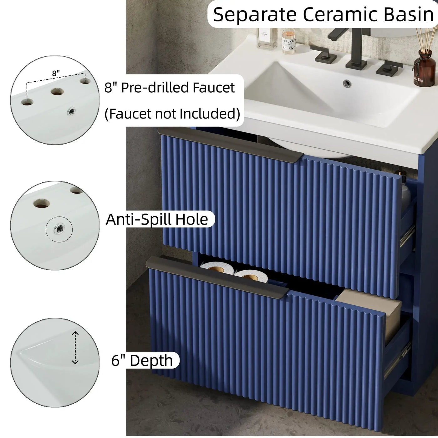 Fluted Bathroom Vanity With Ceramic Sink, Freestanding Cabinet by HouseOfZazla