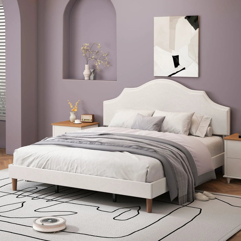 King Size, Upholstered Platform Bed Frame With Adjustable Headboard, No Box Spring Needed - White by HouseOfZazla