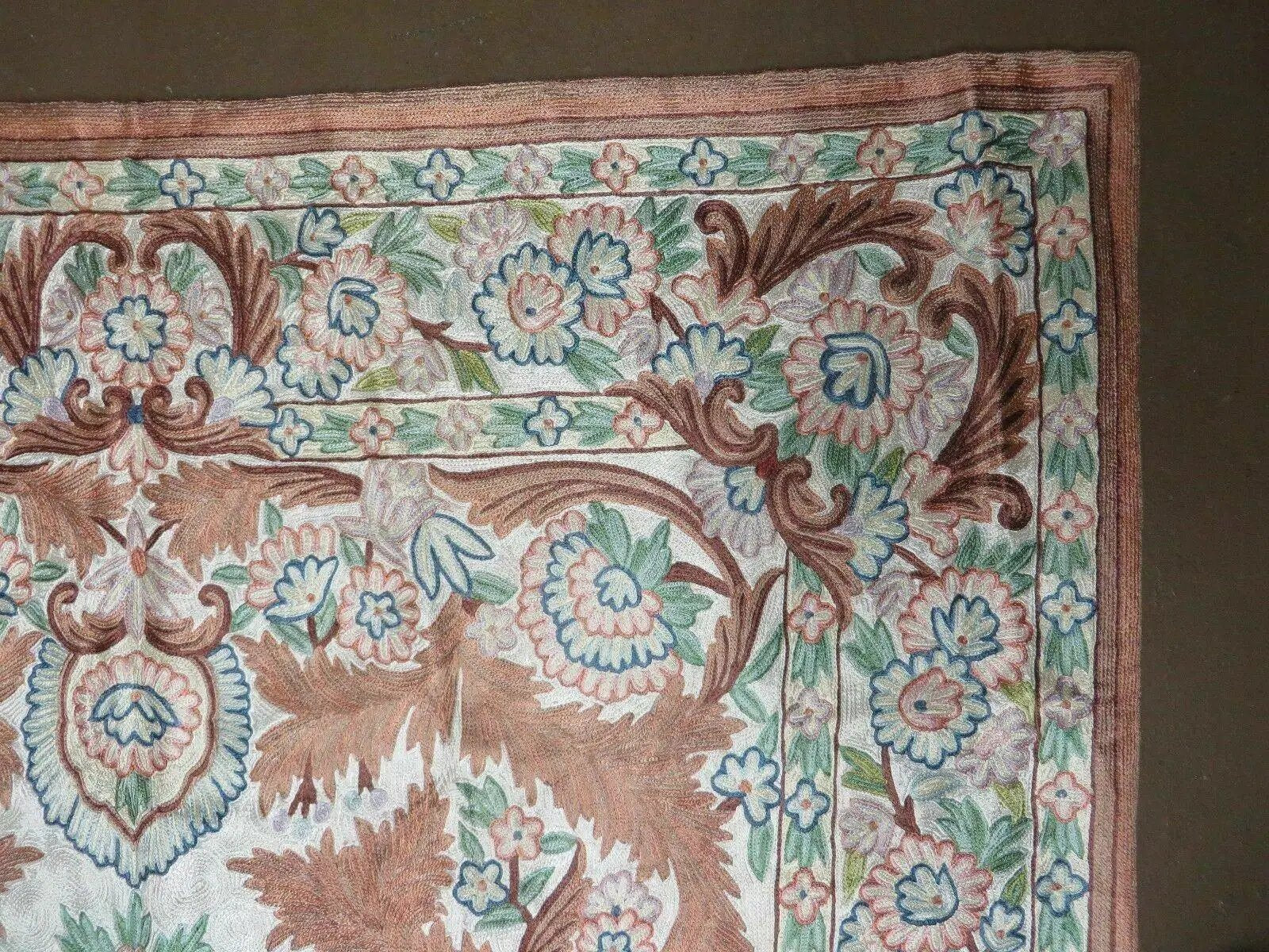 4' X 6' Vintage Embroidery Hand Stitched Rug Silk On Cotton India Backing Nice by Jewel Rugs