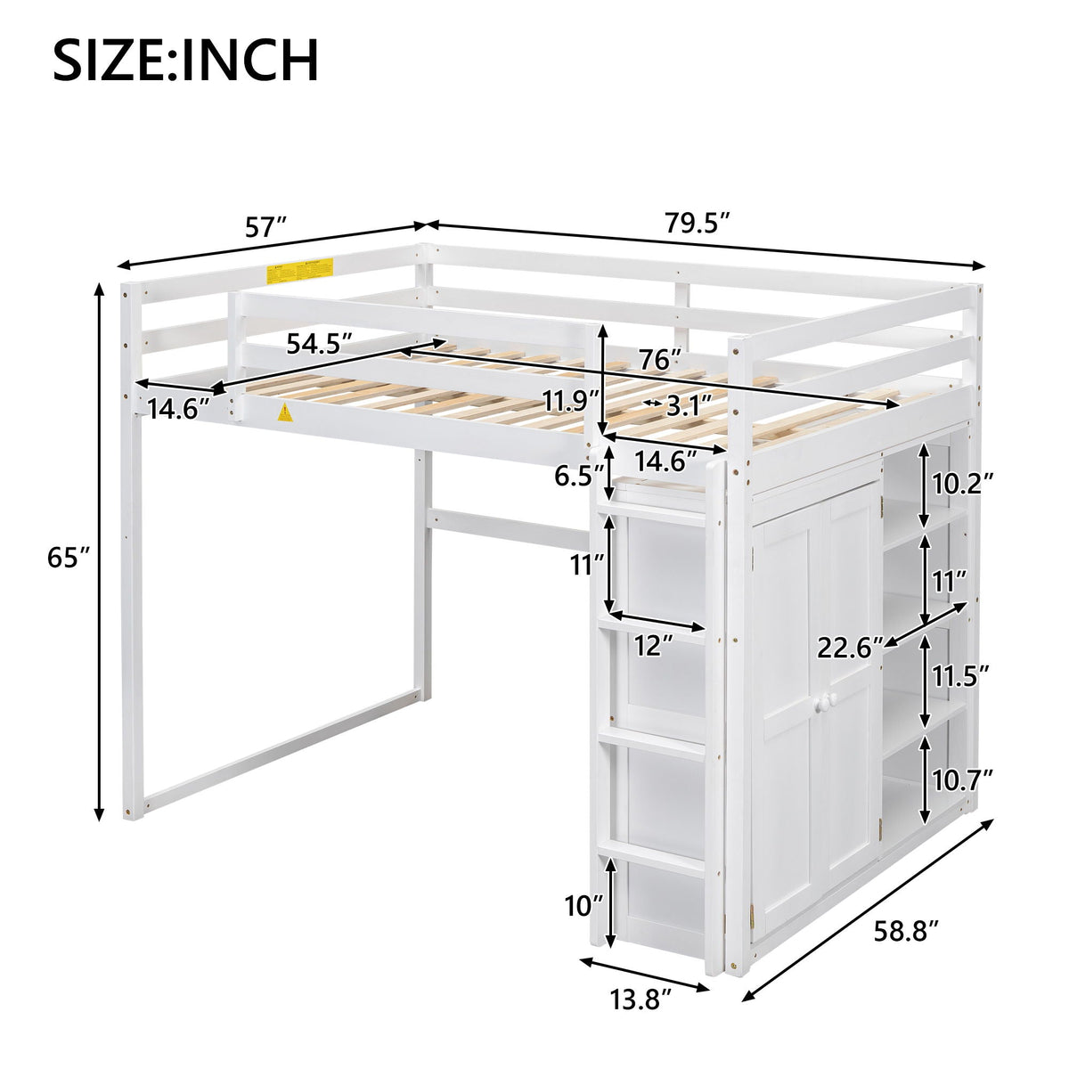 Full Size Loft Bed with Built-In Wardrobe, Storage Shelves & LED Light - White or Dark Gray, photo 4 of 31