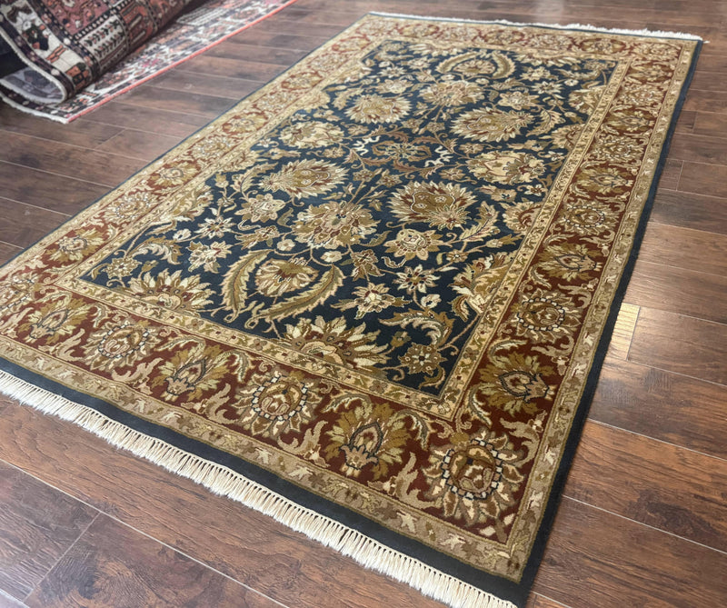 Indian Agra Rug 6x9, Floral, Traditional Rug, Dark Green Maroon Tan by Jewel Rugs